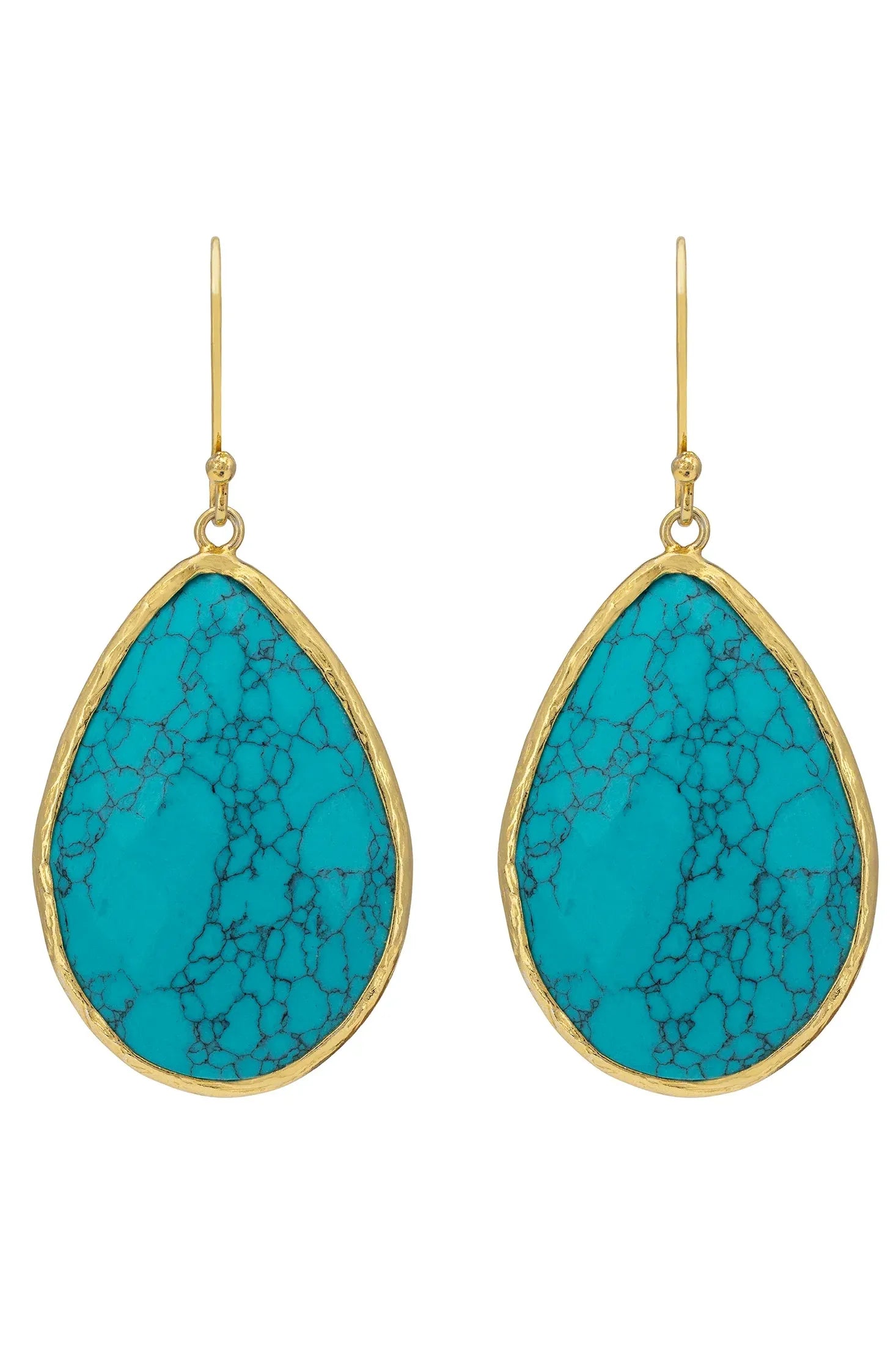Gold framed turquoise teardrop earrings.
