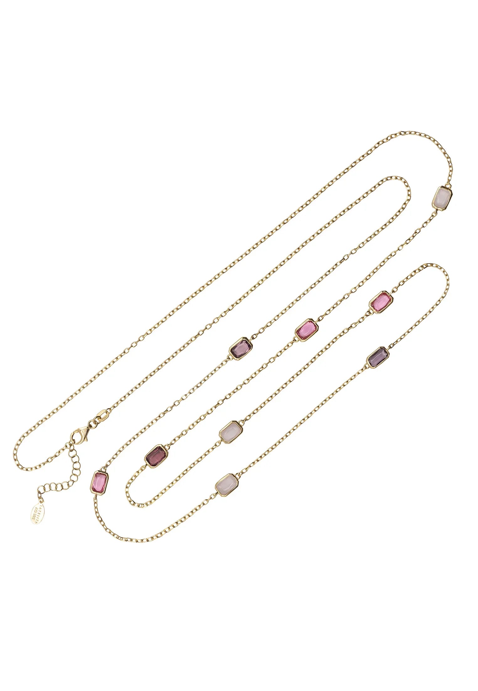 Multiple pink gemstone long gold necklace.
