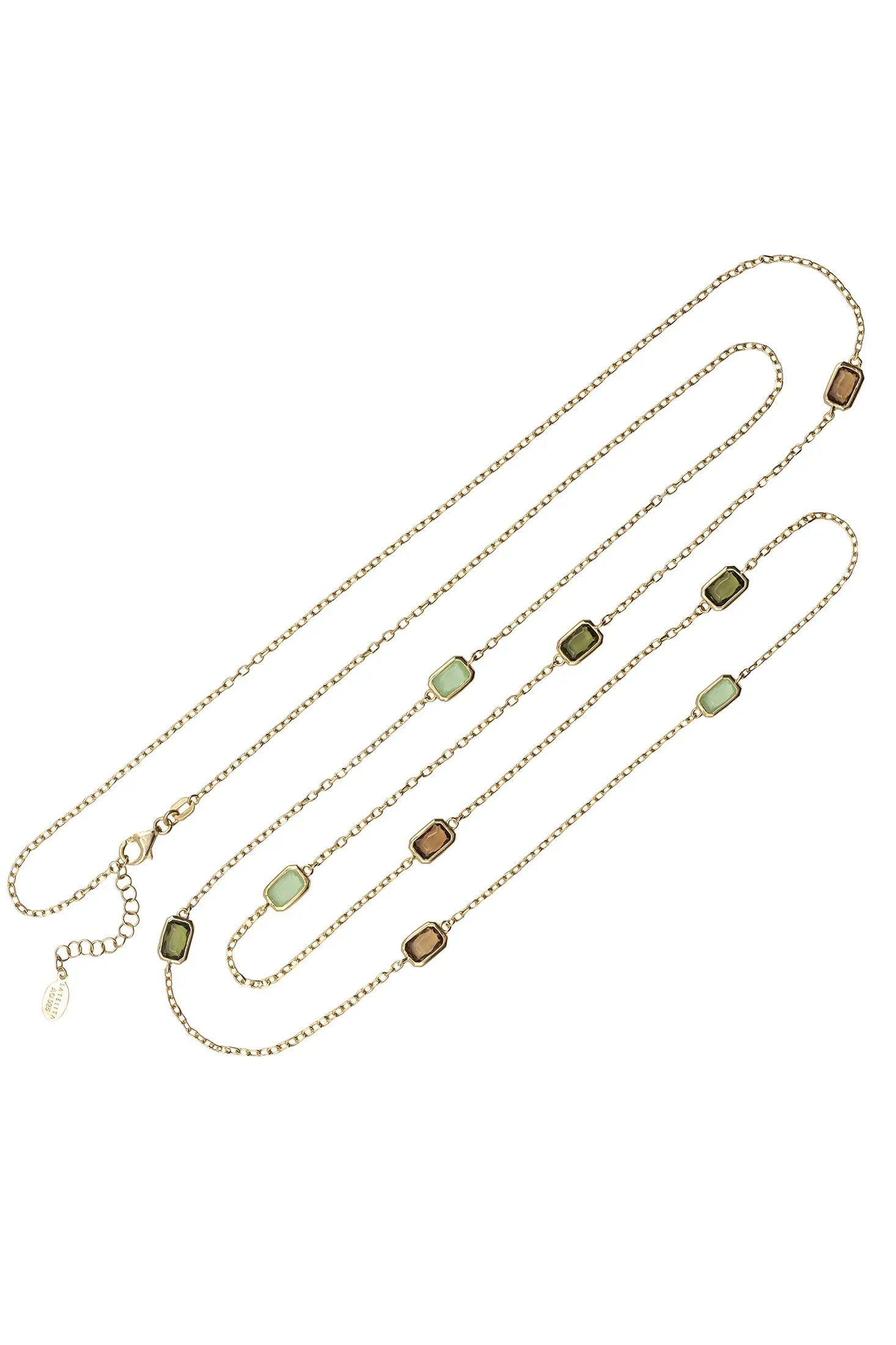 Multiple green gemstone long gold necklace.