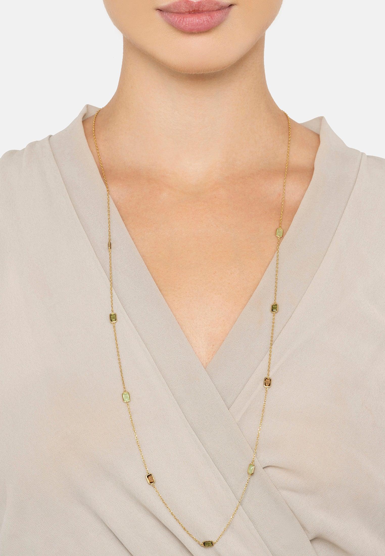The necklace worn by a model.