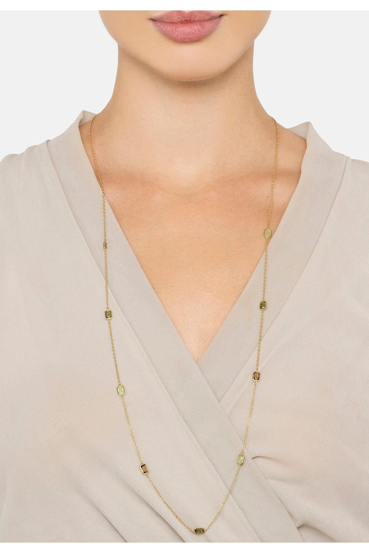 The necklace worn by a model.