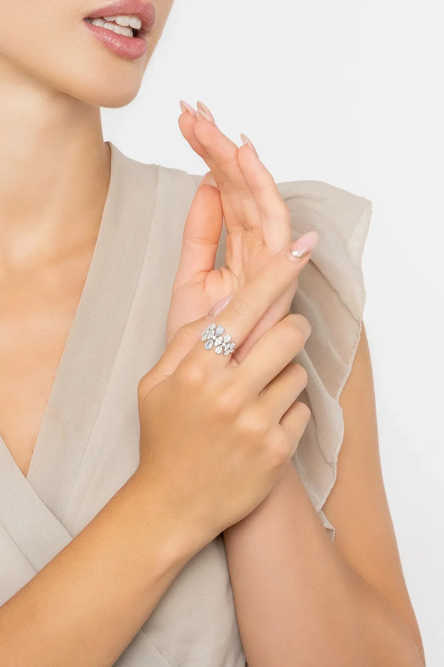 The ring worn by a model.