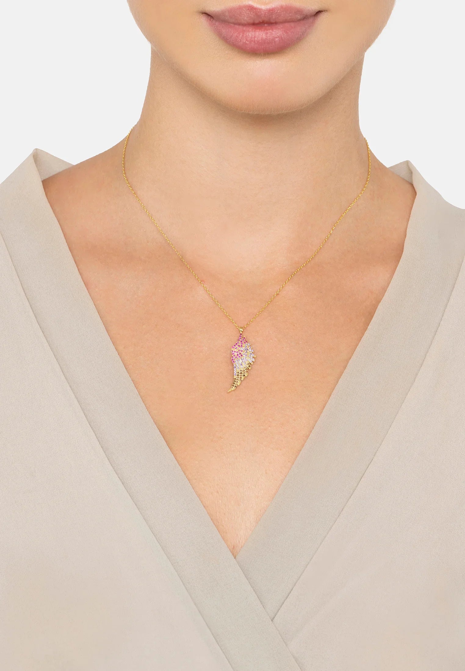 The necklace worn by a model.