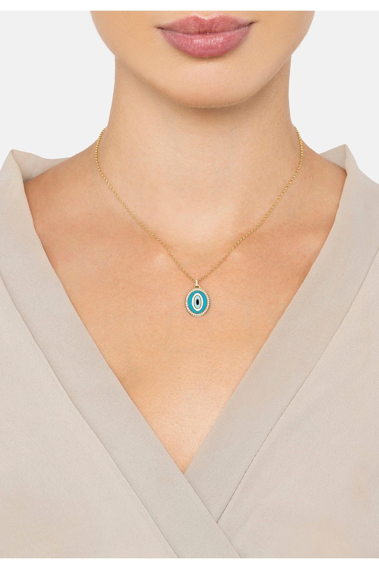 The necklace worn by a model.