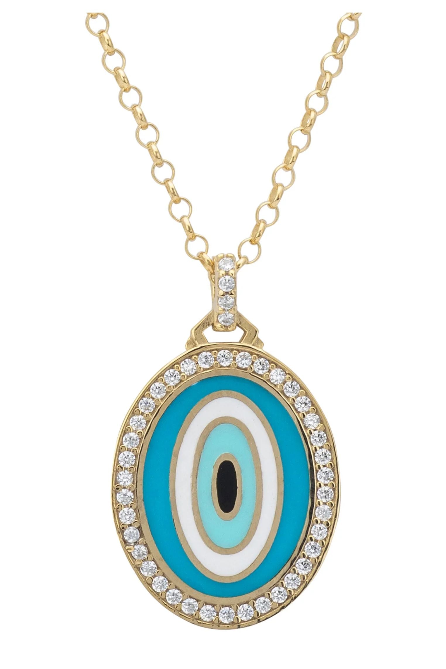 Close-up of the turquoise evil eye pendant.