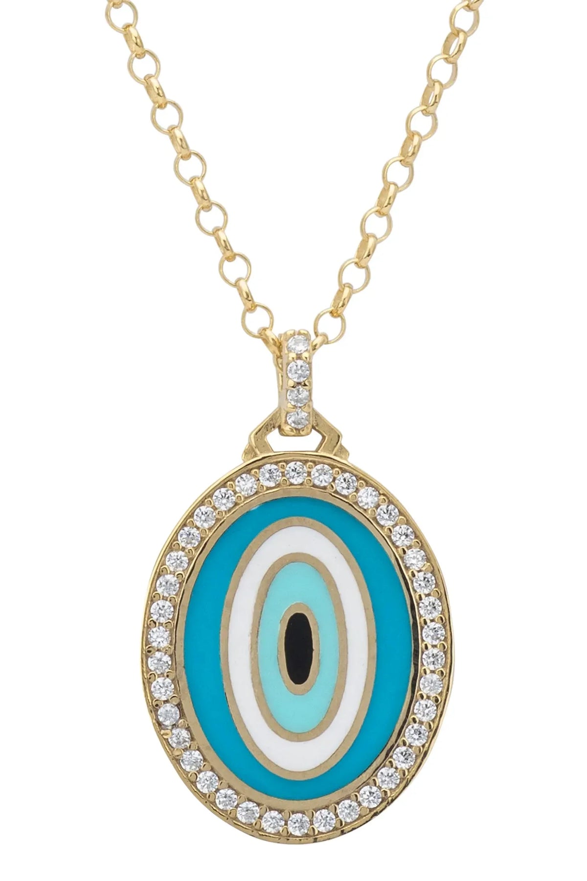 Close-up of the turquoise evil eye pendant.