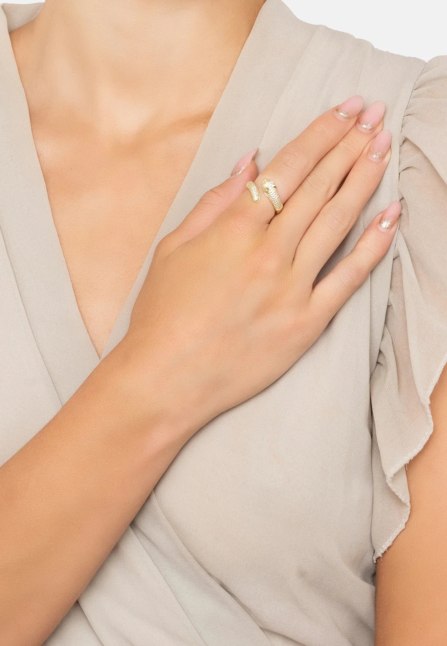 The ring worn by a model.