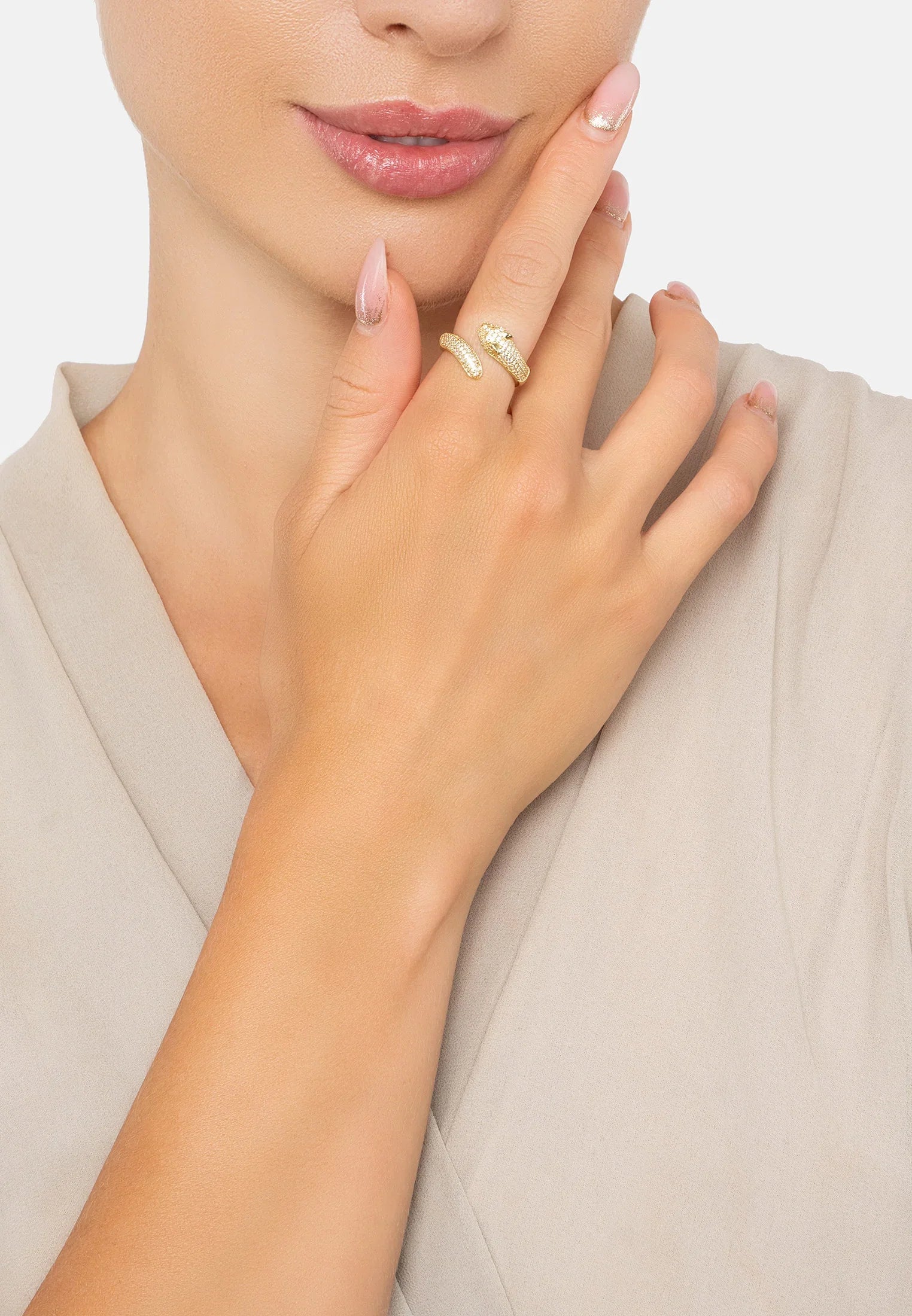 The ring worn by a model.