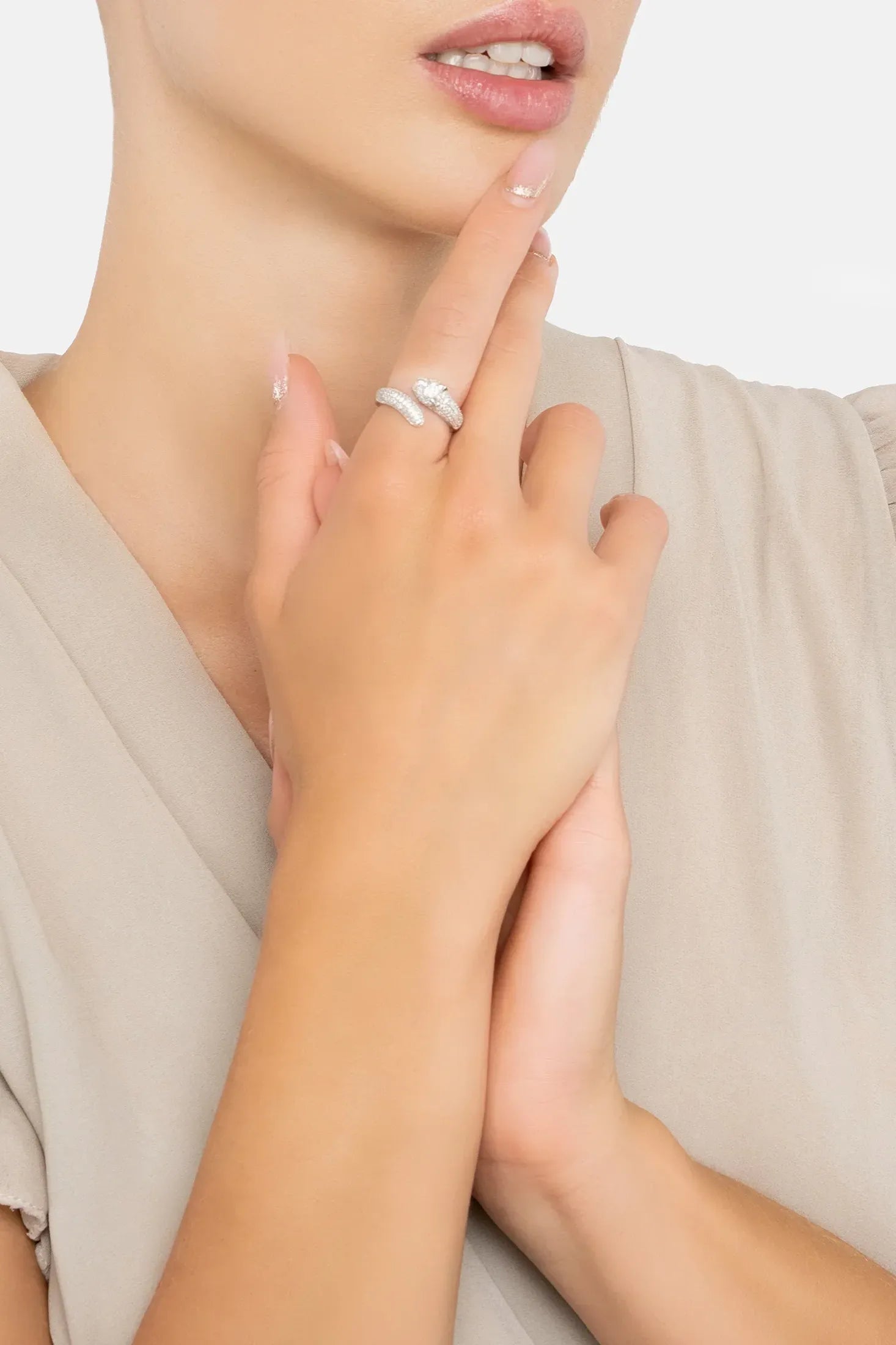 The ring worn by a model.