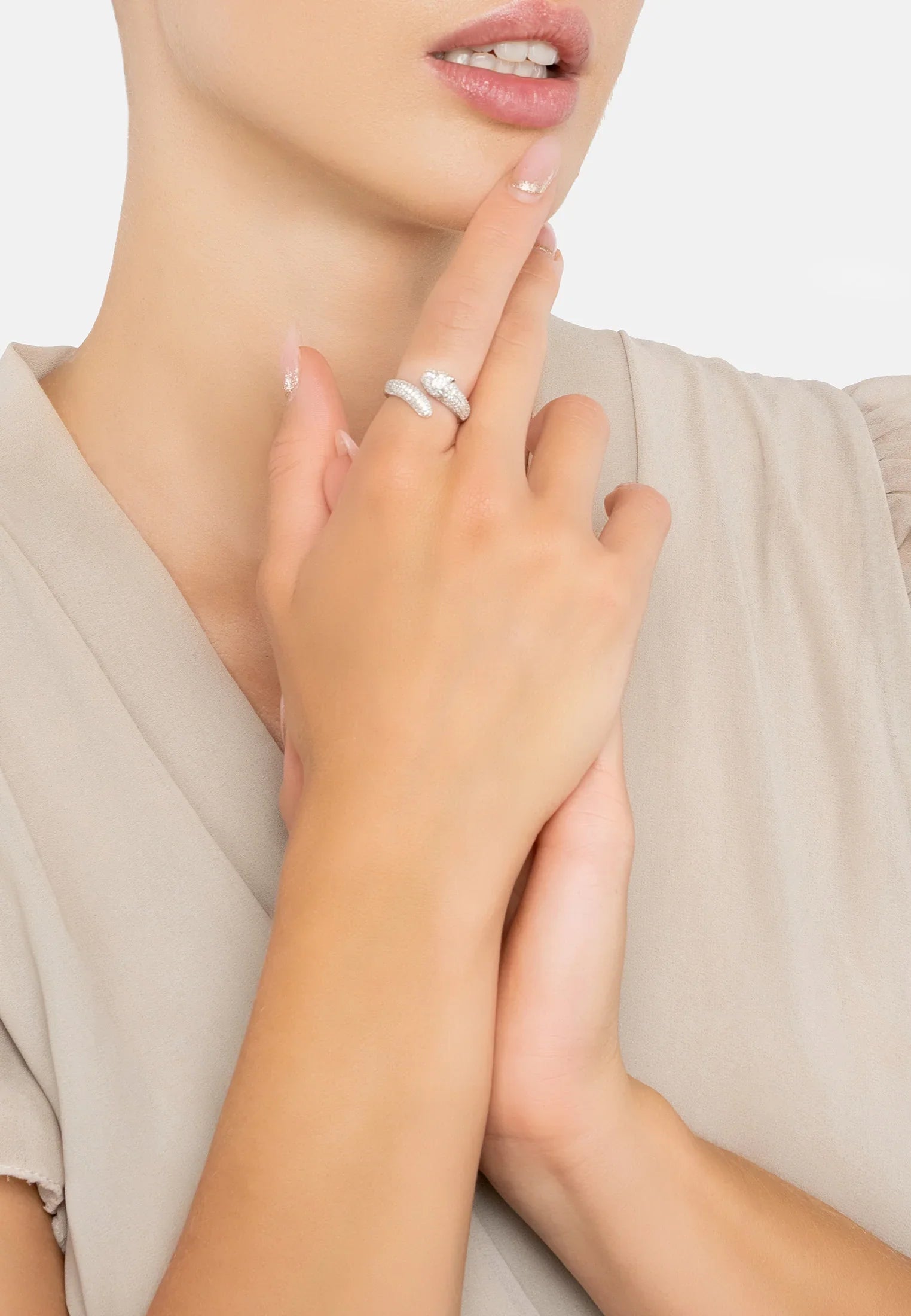 The ring worn by a model.