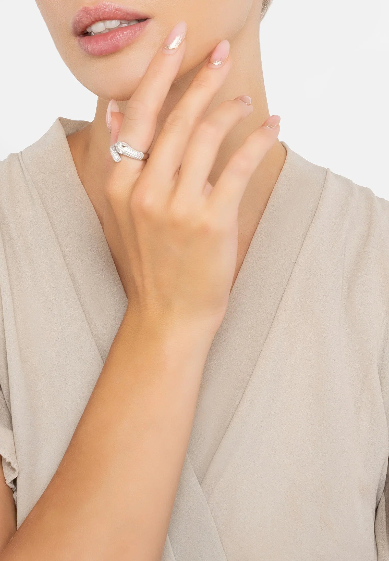 The ring worn by a model.