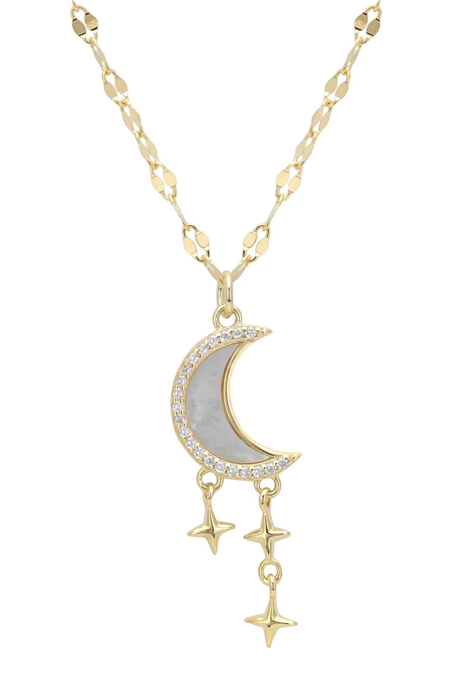 Close-up of the crescent moon and stars pendant.