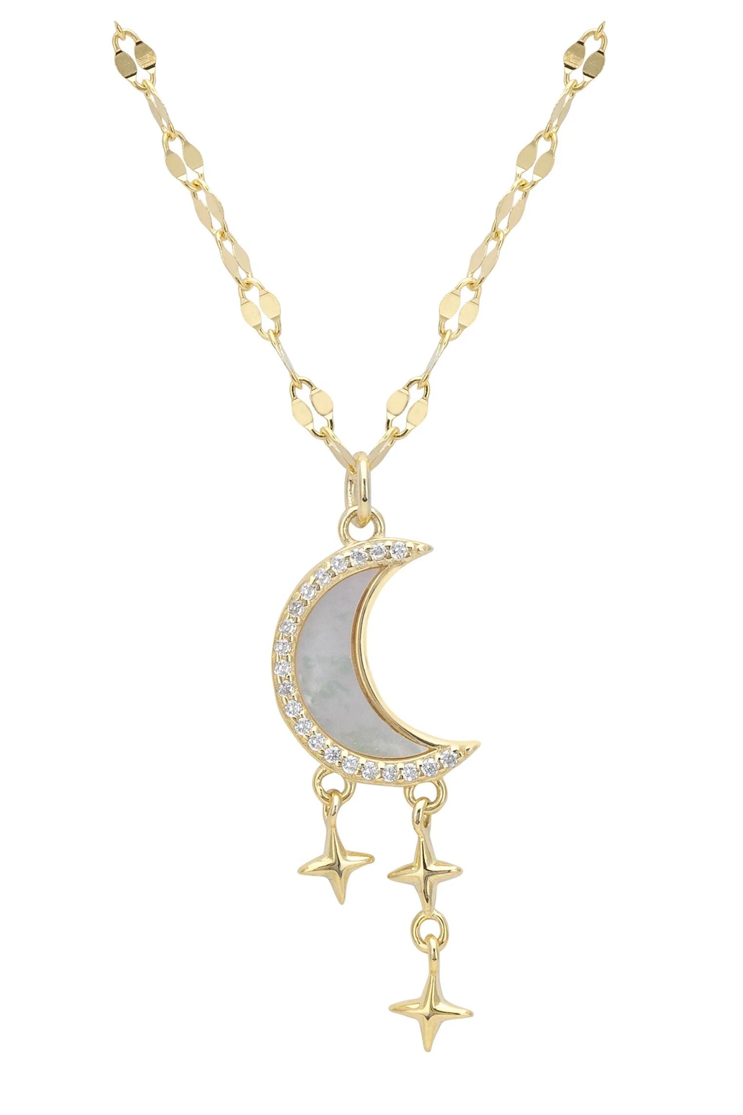 Close-up of the crescent moon and stars pendant.