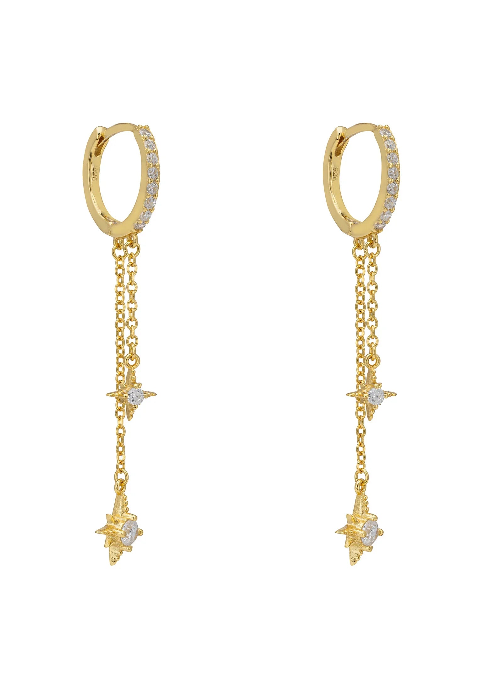 Dangling diamond star gold hoop earrings.