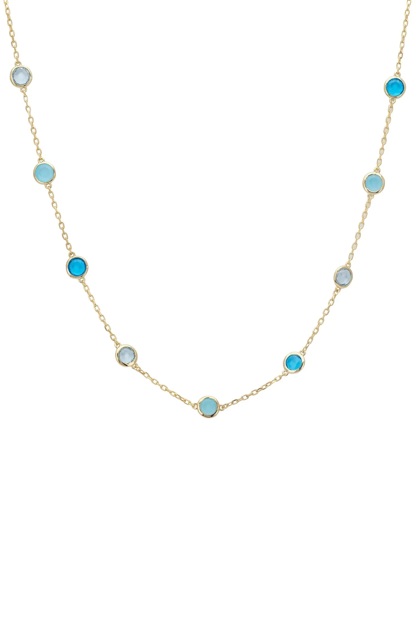 Multiple blue gemstone gold necklace.