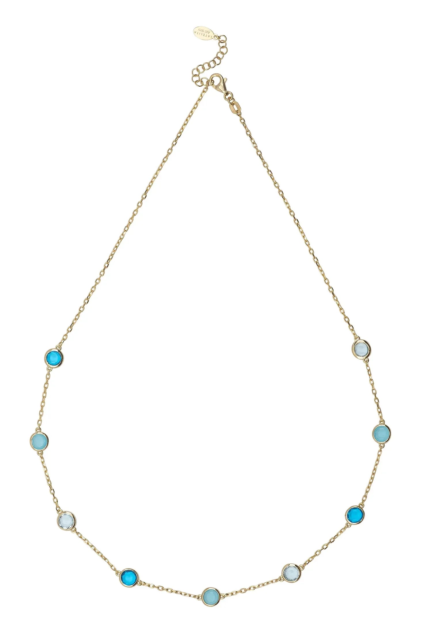 Multiple blue gemstone gold necklace.