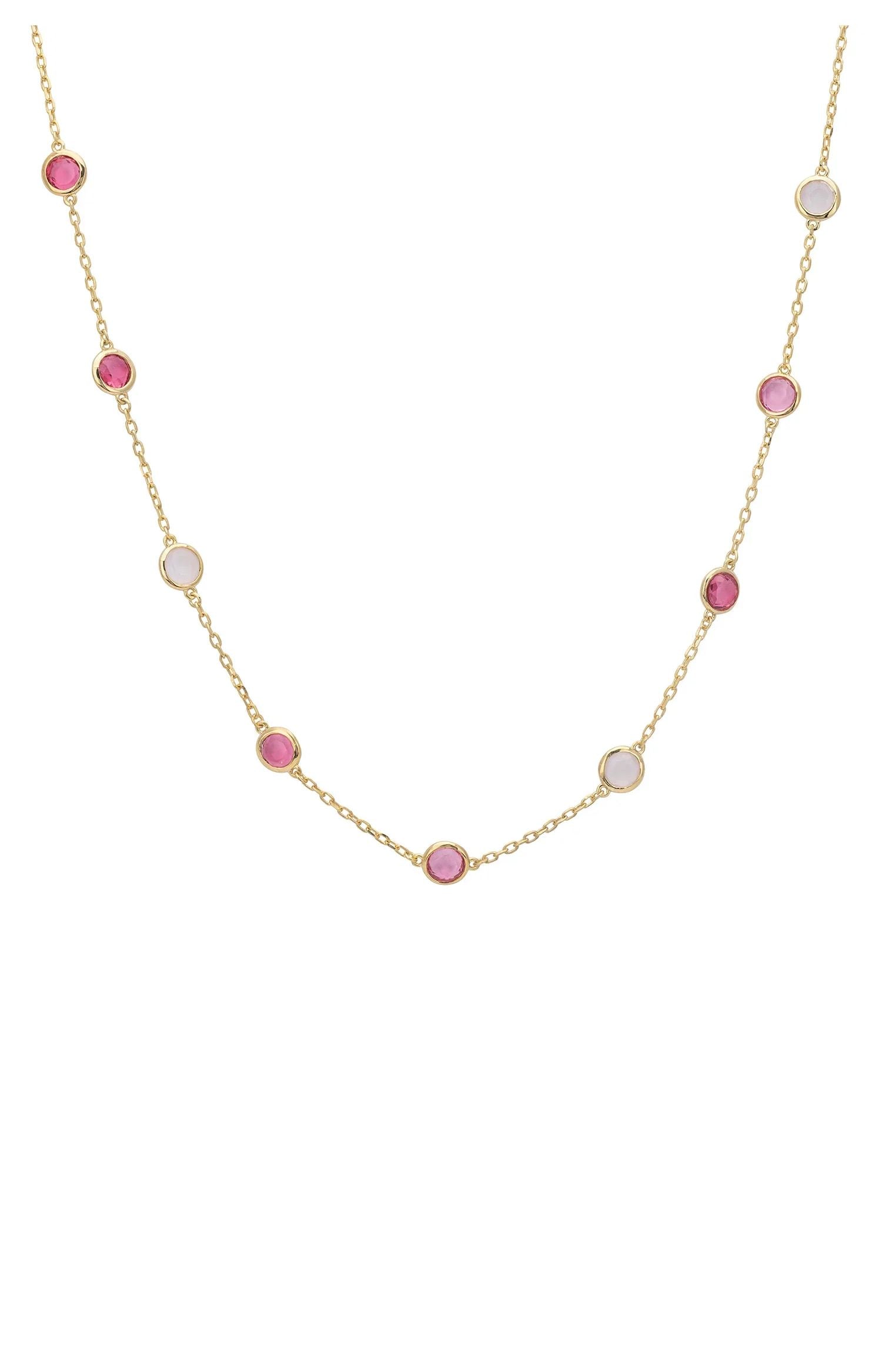 Multiple pink gemstone gold necklace.