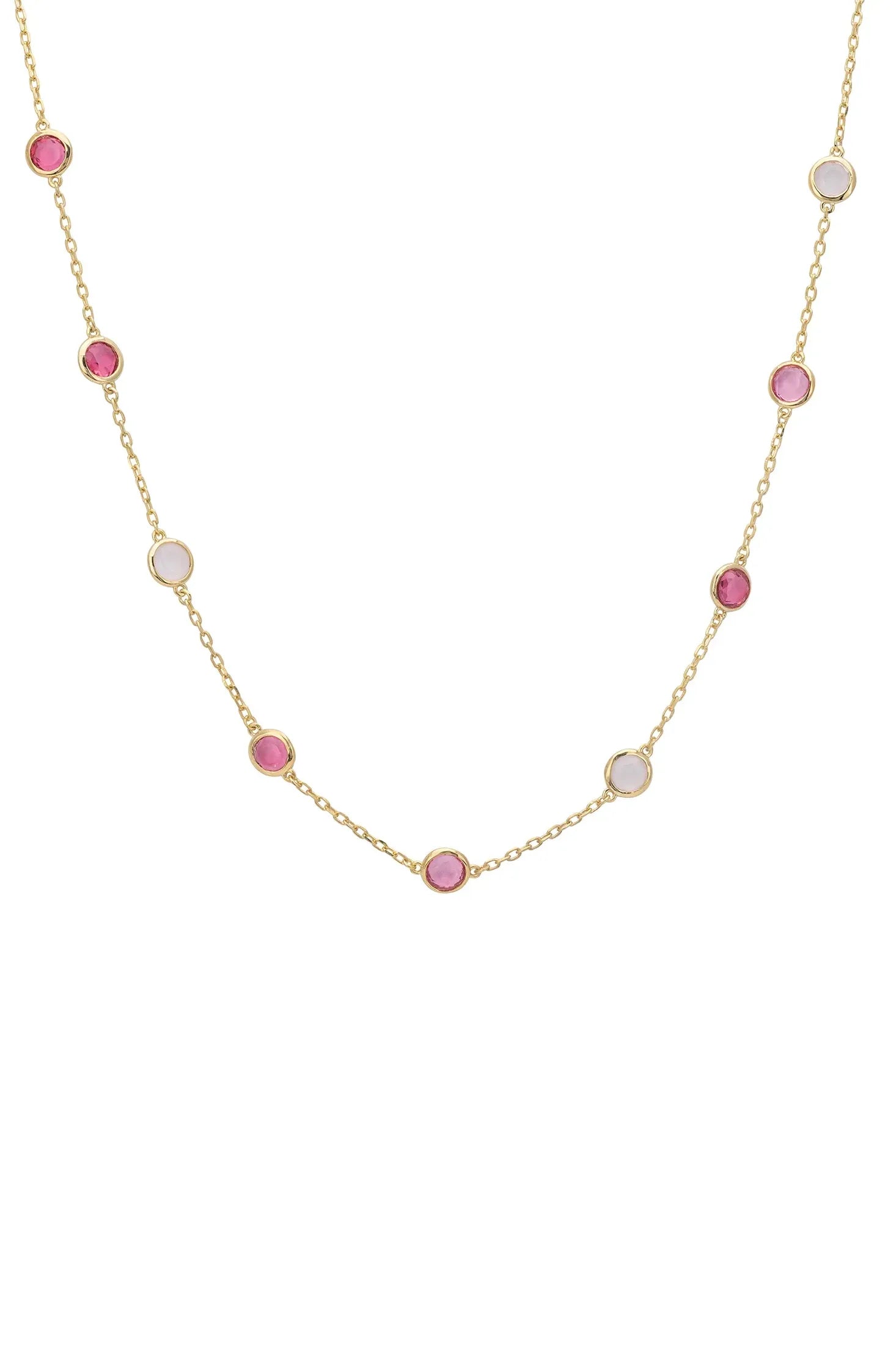 Multiple pink gemstone gold necklace.