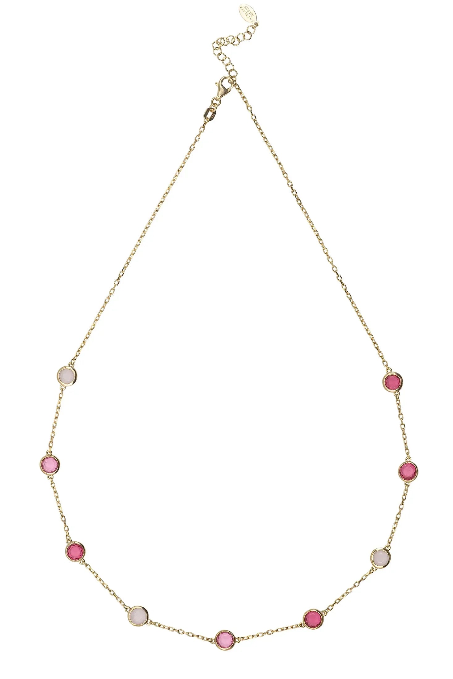Multiple pink gemstone gold necklace.