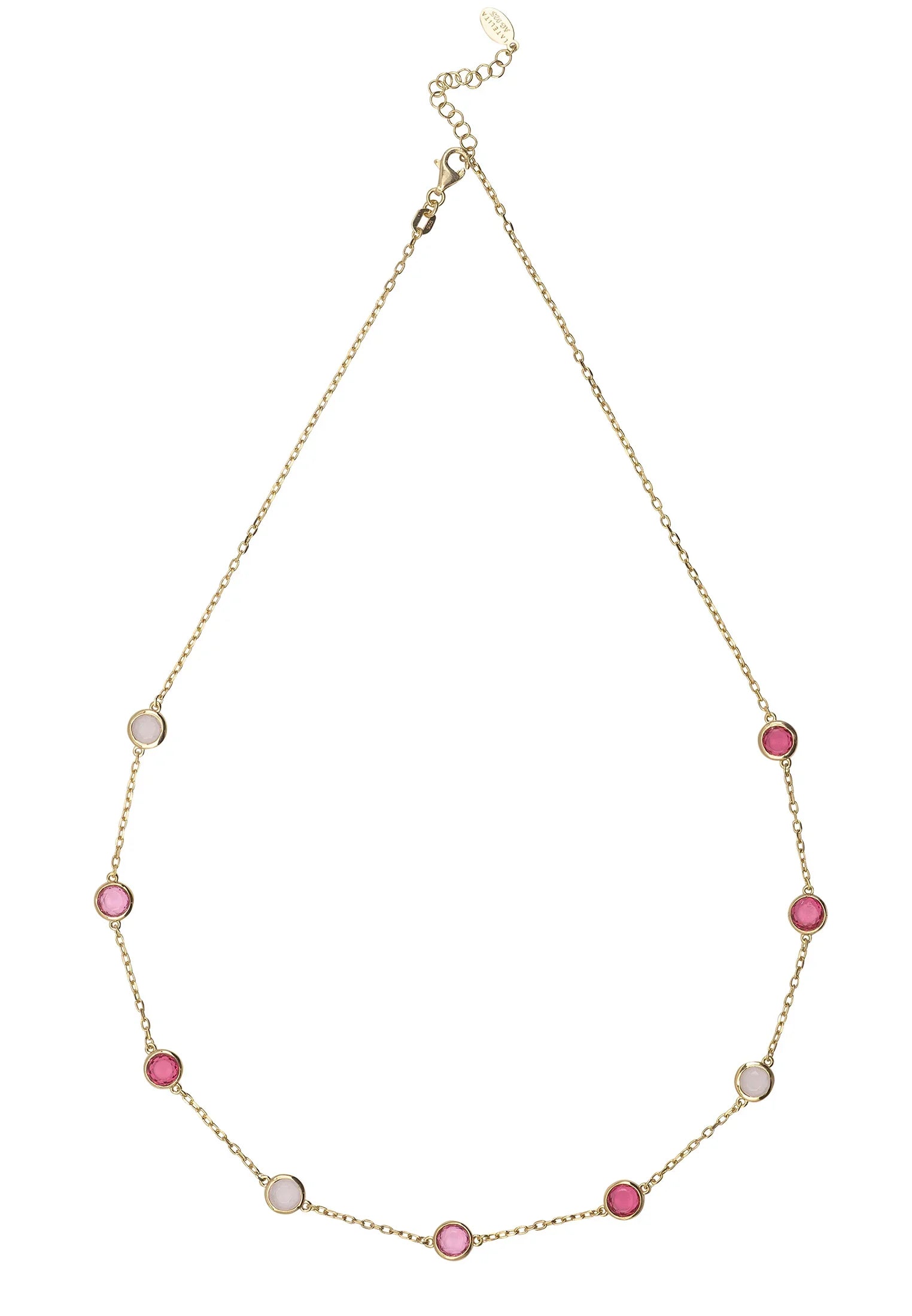 Multiple pink gemstone gold necklace.