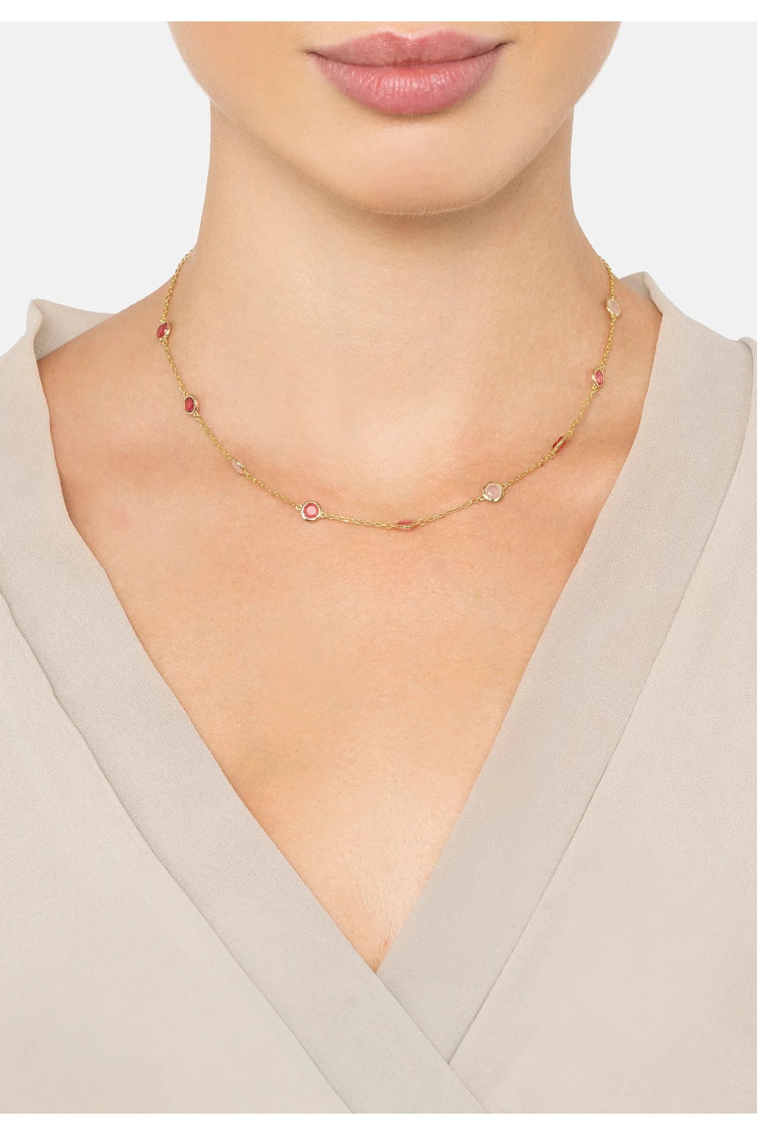 The necklace worn by a model.