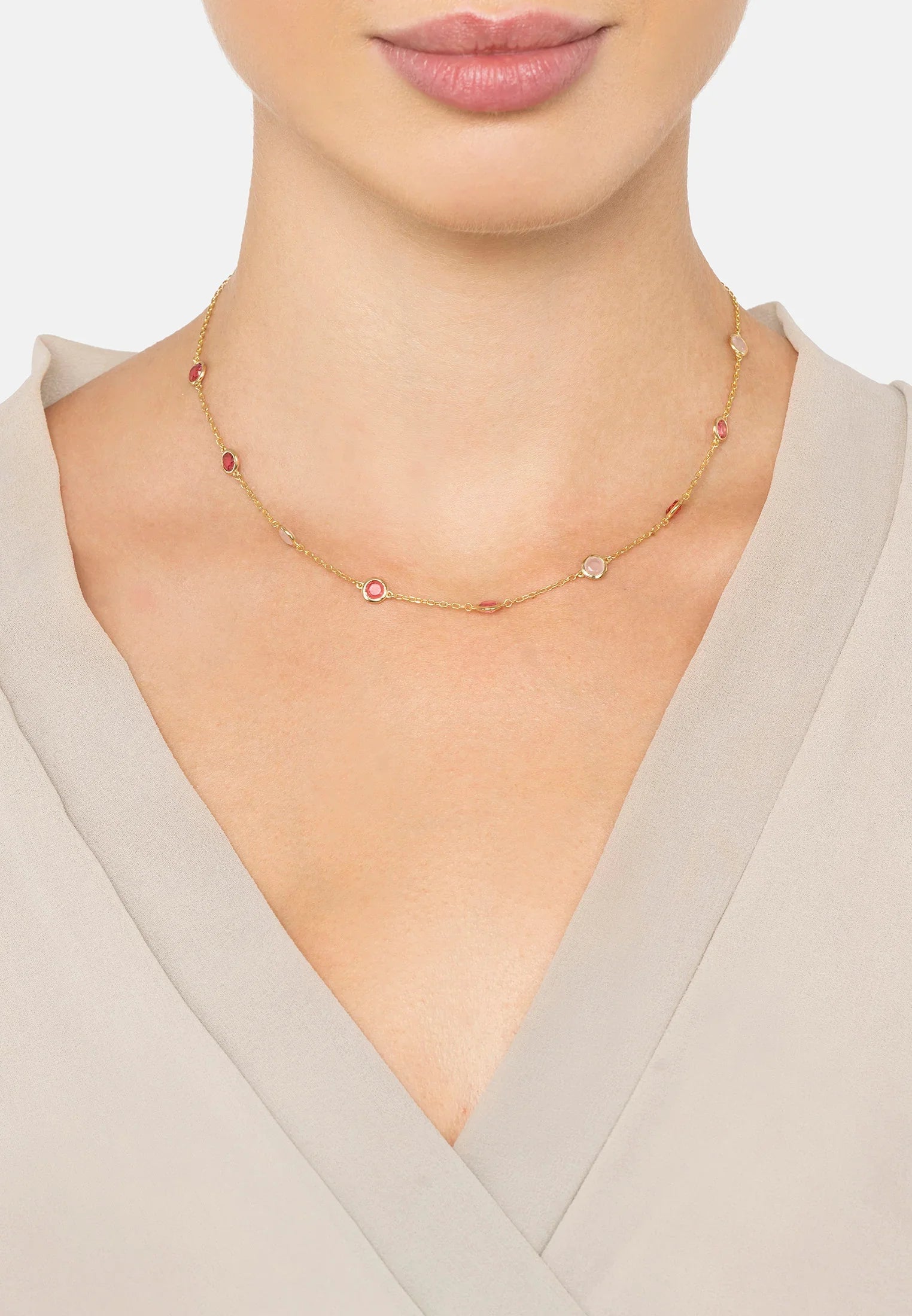 The necklace worn by a model.