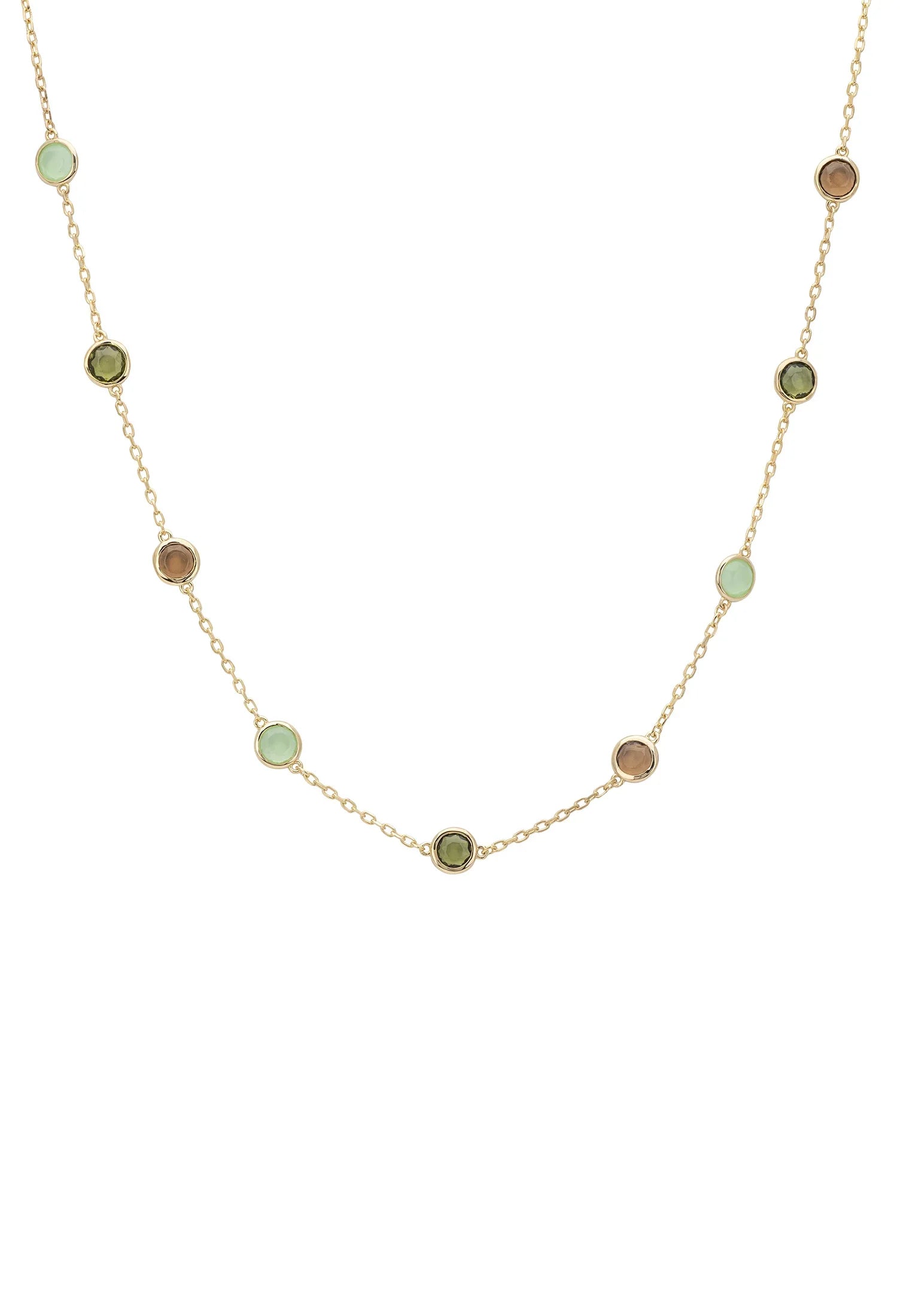 Multiple green gemstone gold necklace.