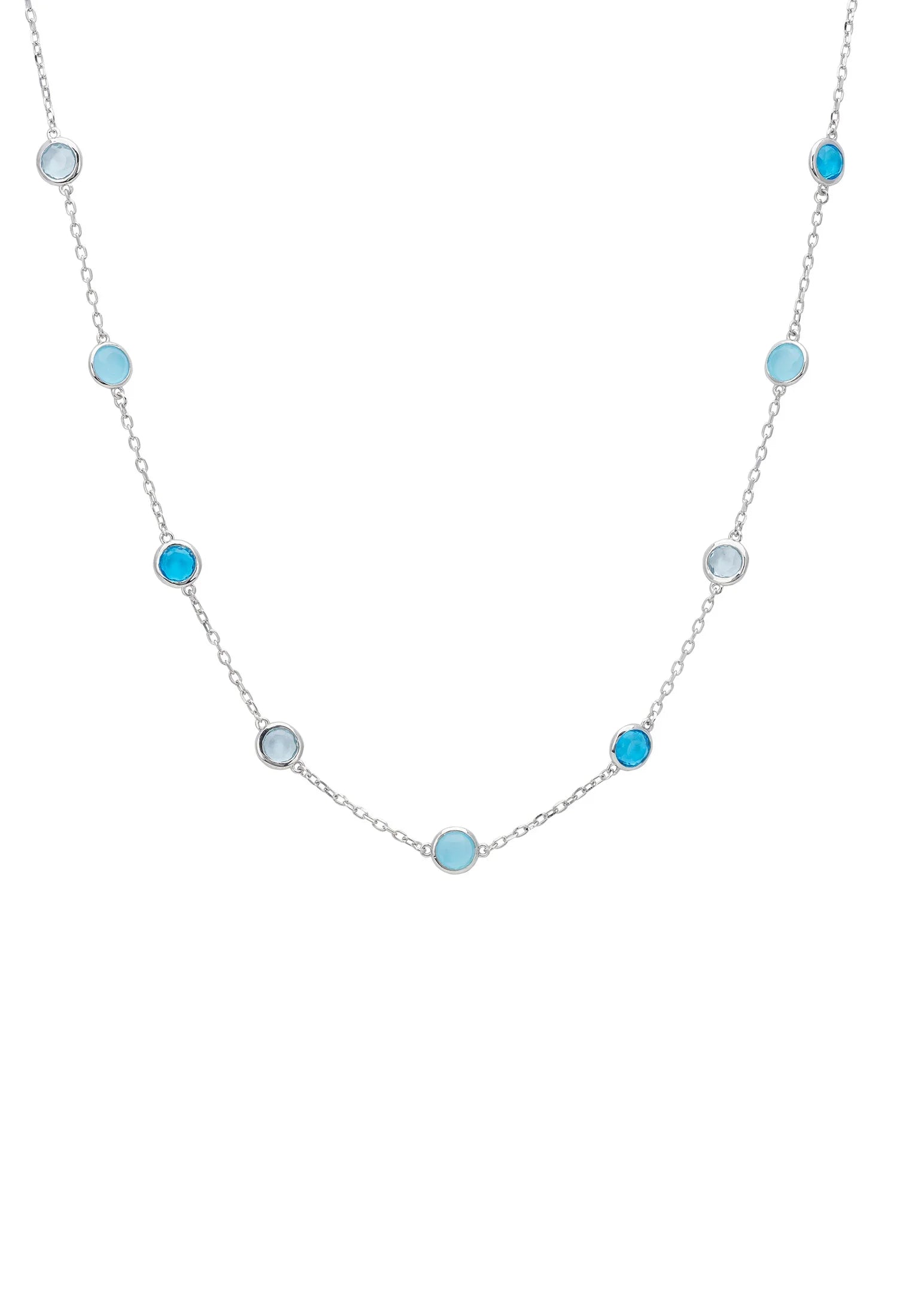 Multiple blue gemstone silver necklace.