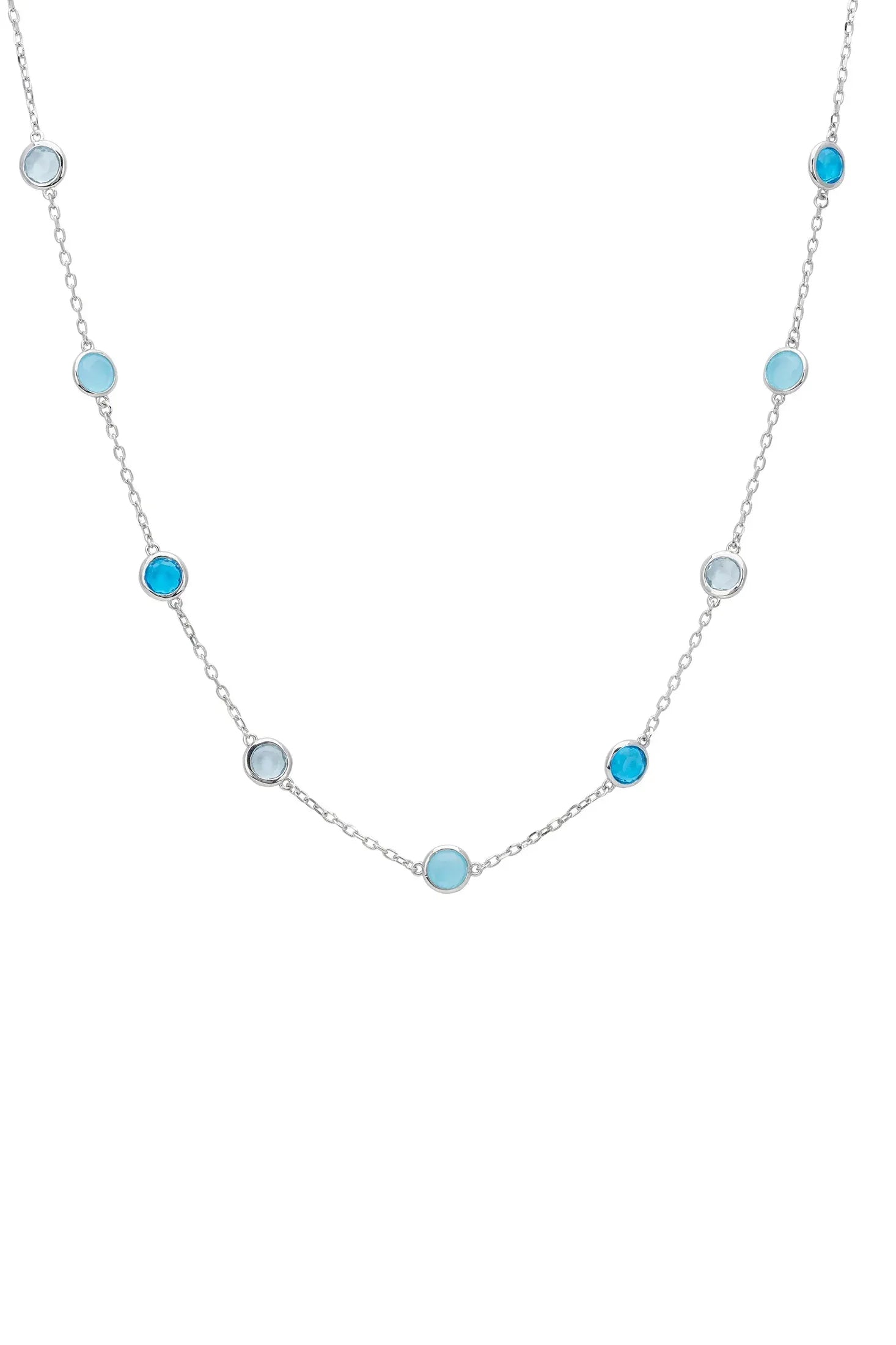 Multiple blue gemstone silver necklace.