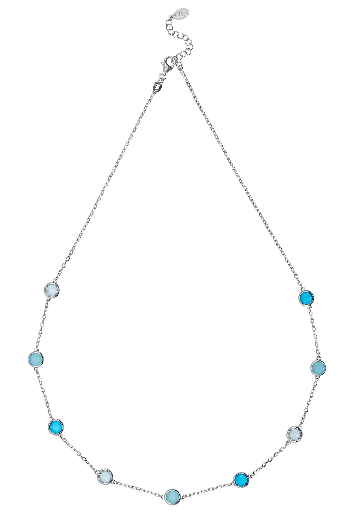 Multiple blue gemstone silver necklace.