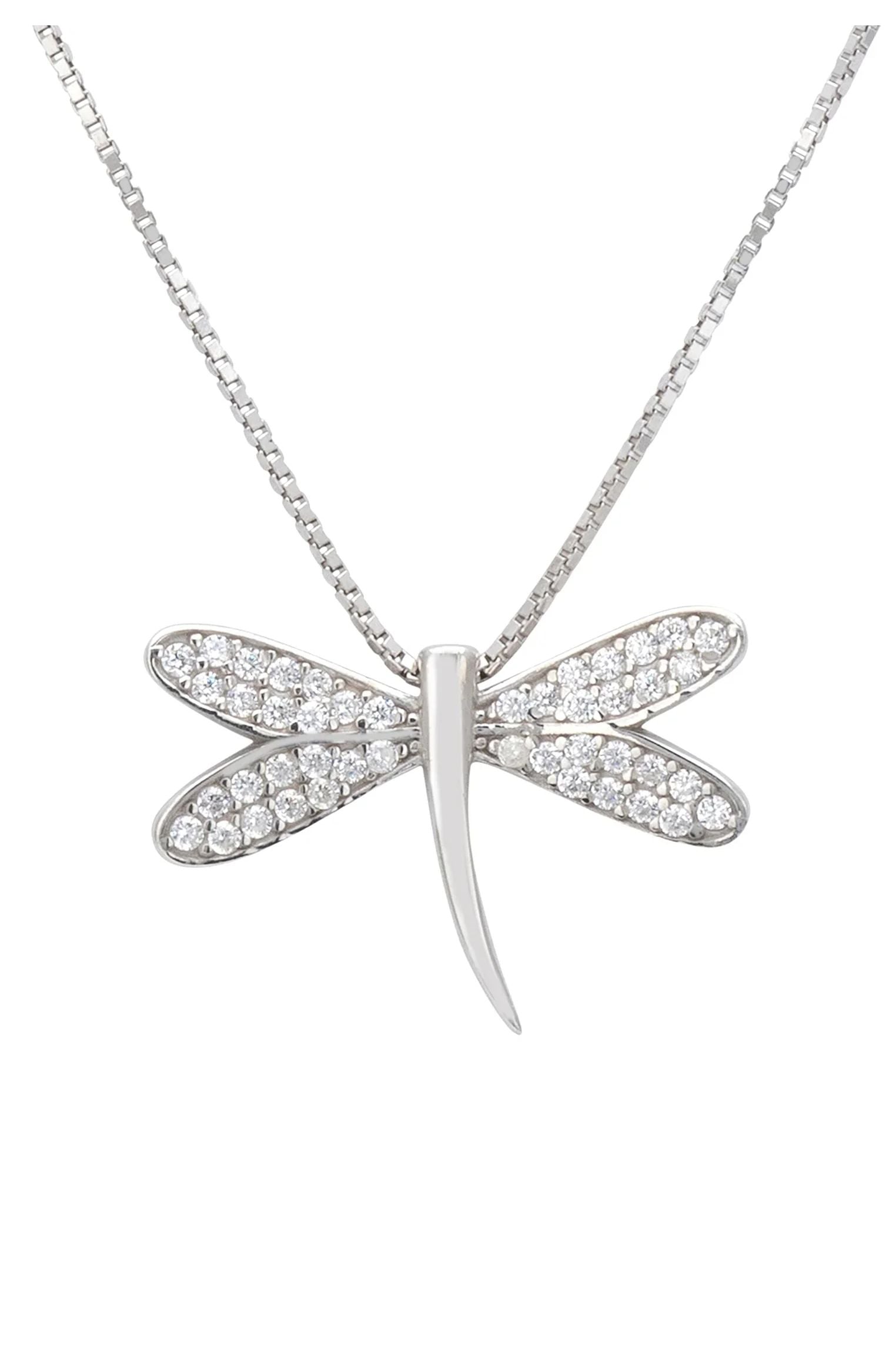 Close-up of the silver dragonfly pendant.