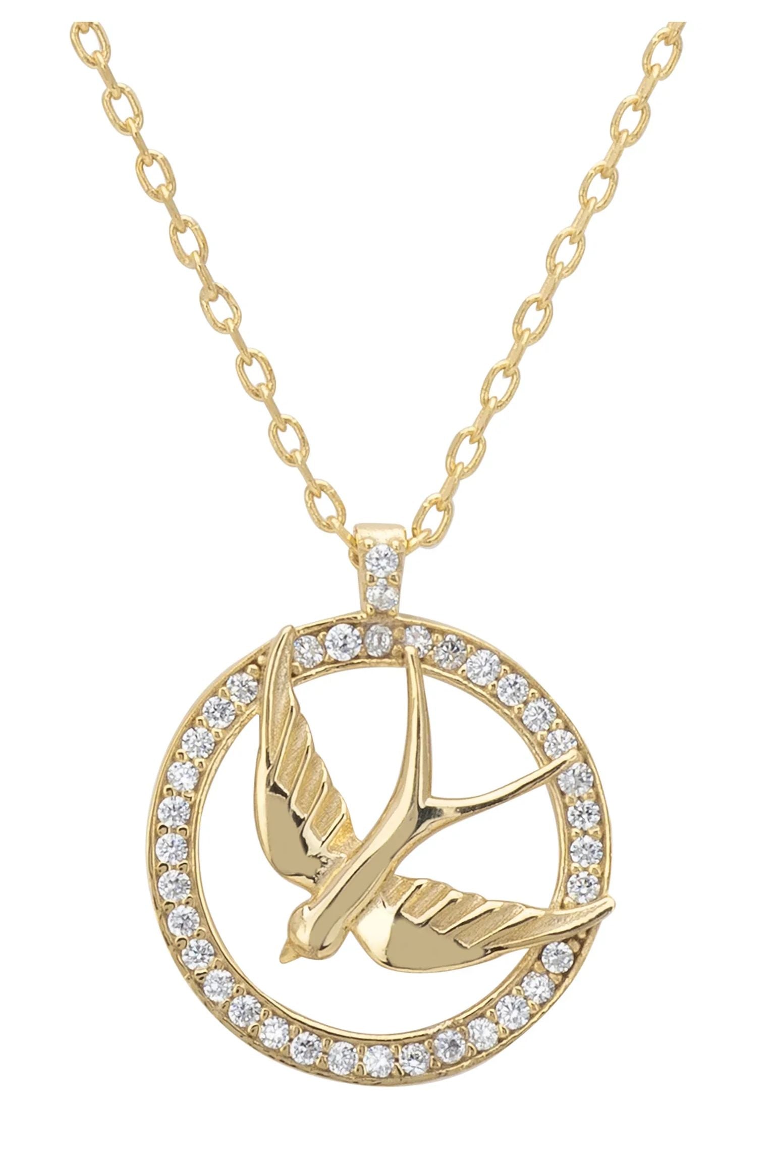 Close-up of the gold bird pendant.