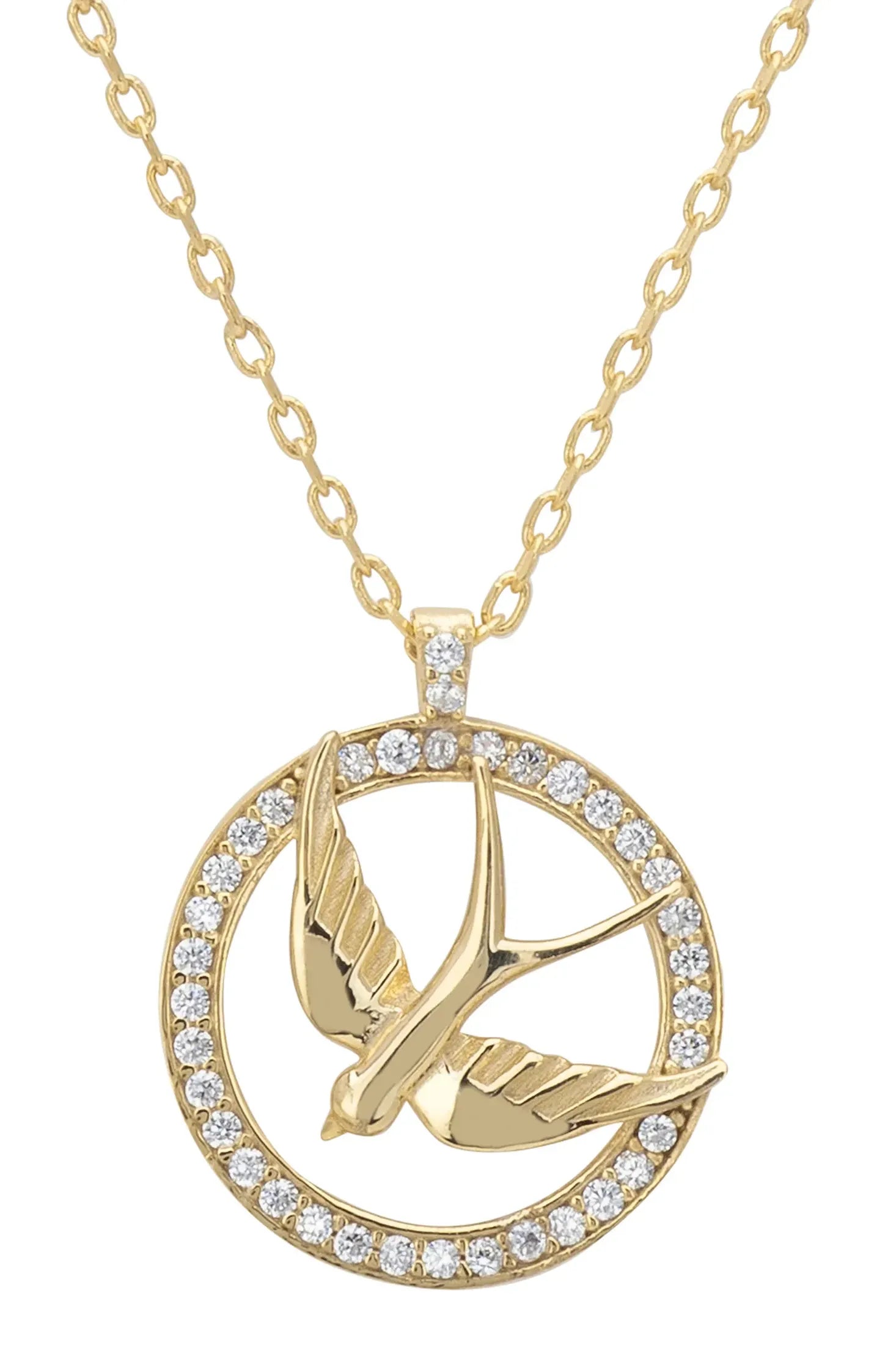 Close-up of the gold bird pendant.