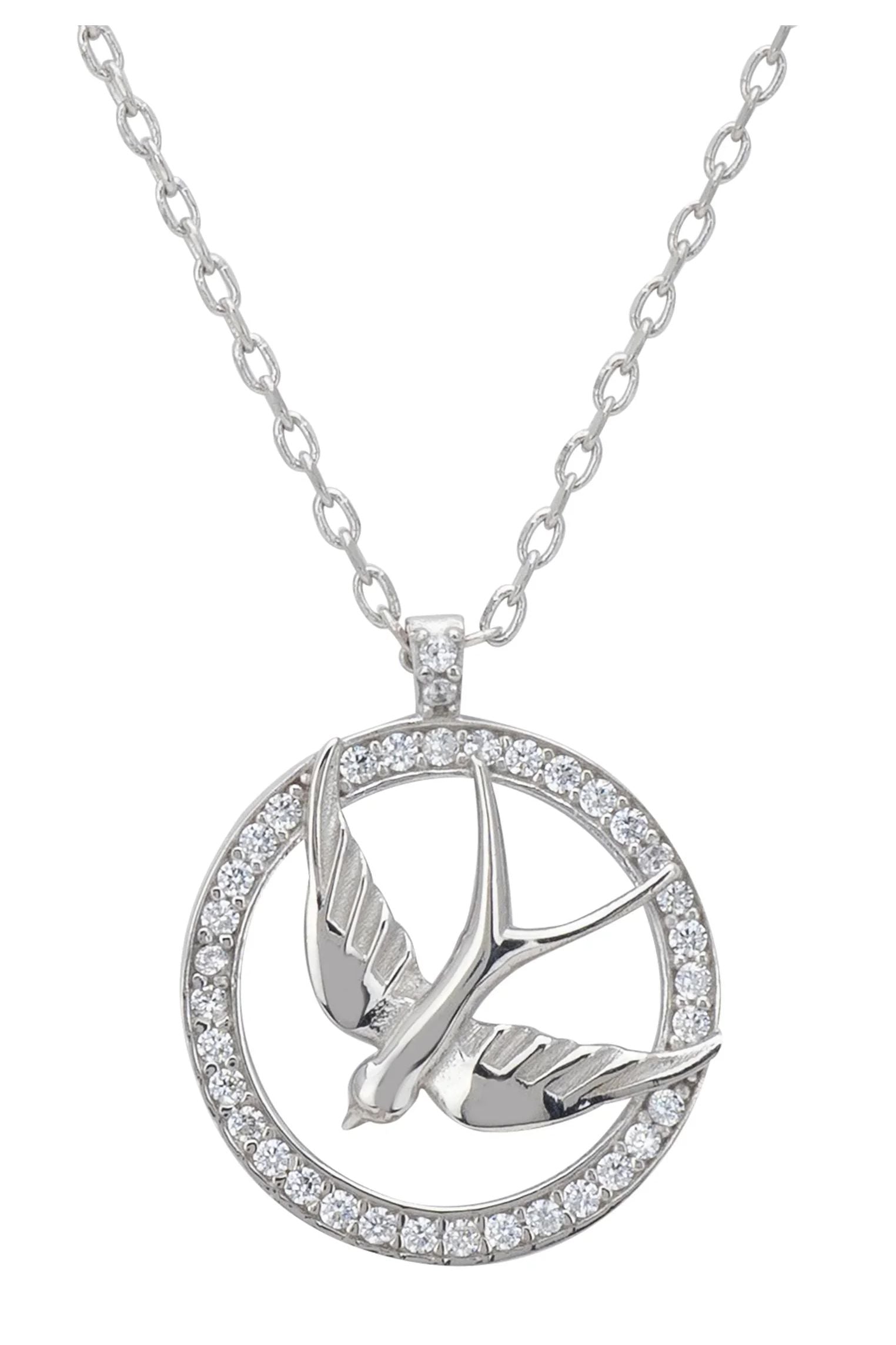 Close-up of the silver bird pendant.