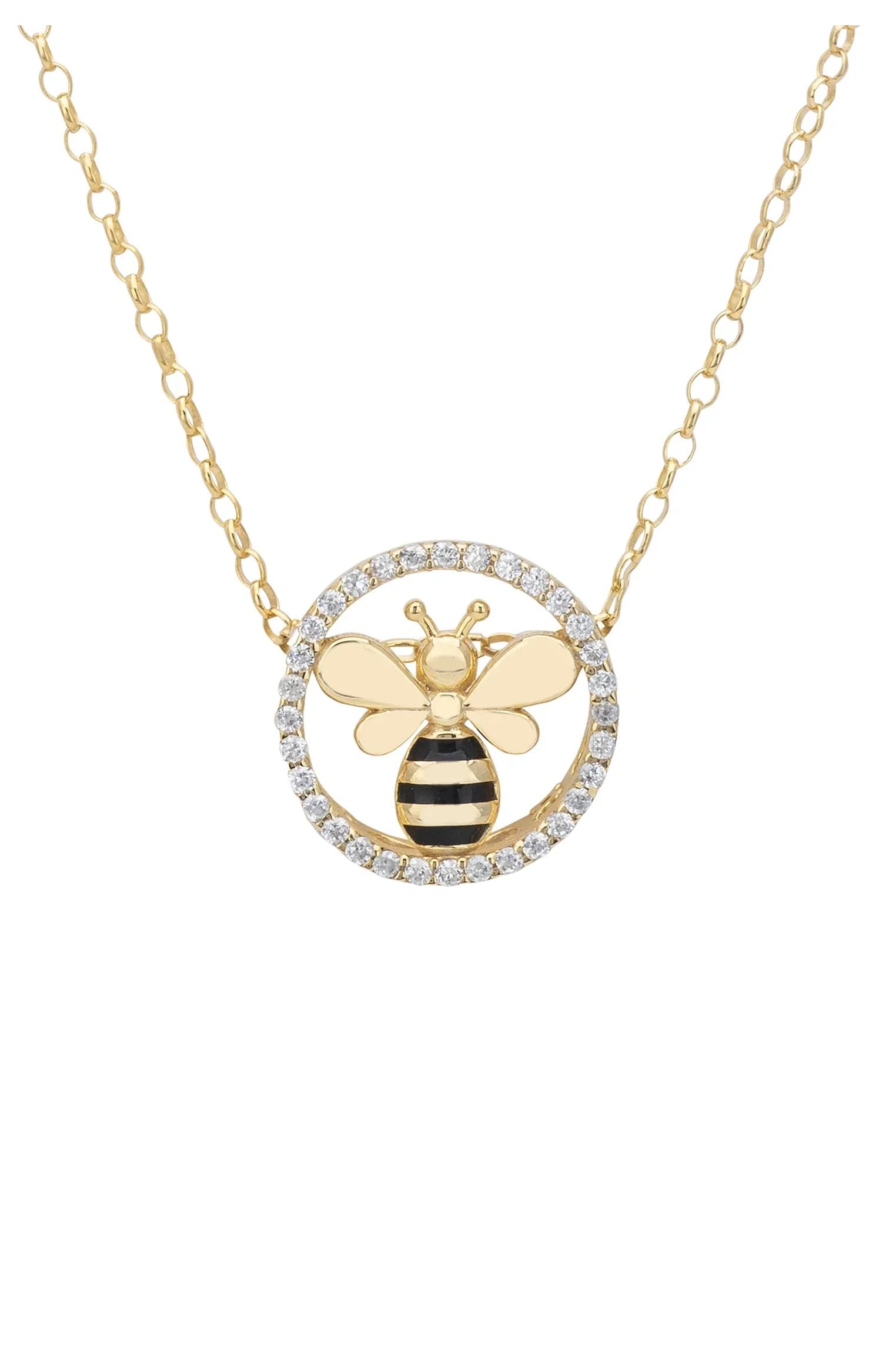 Close-up of the gold bumble bee pendant.