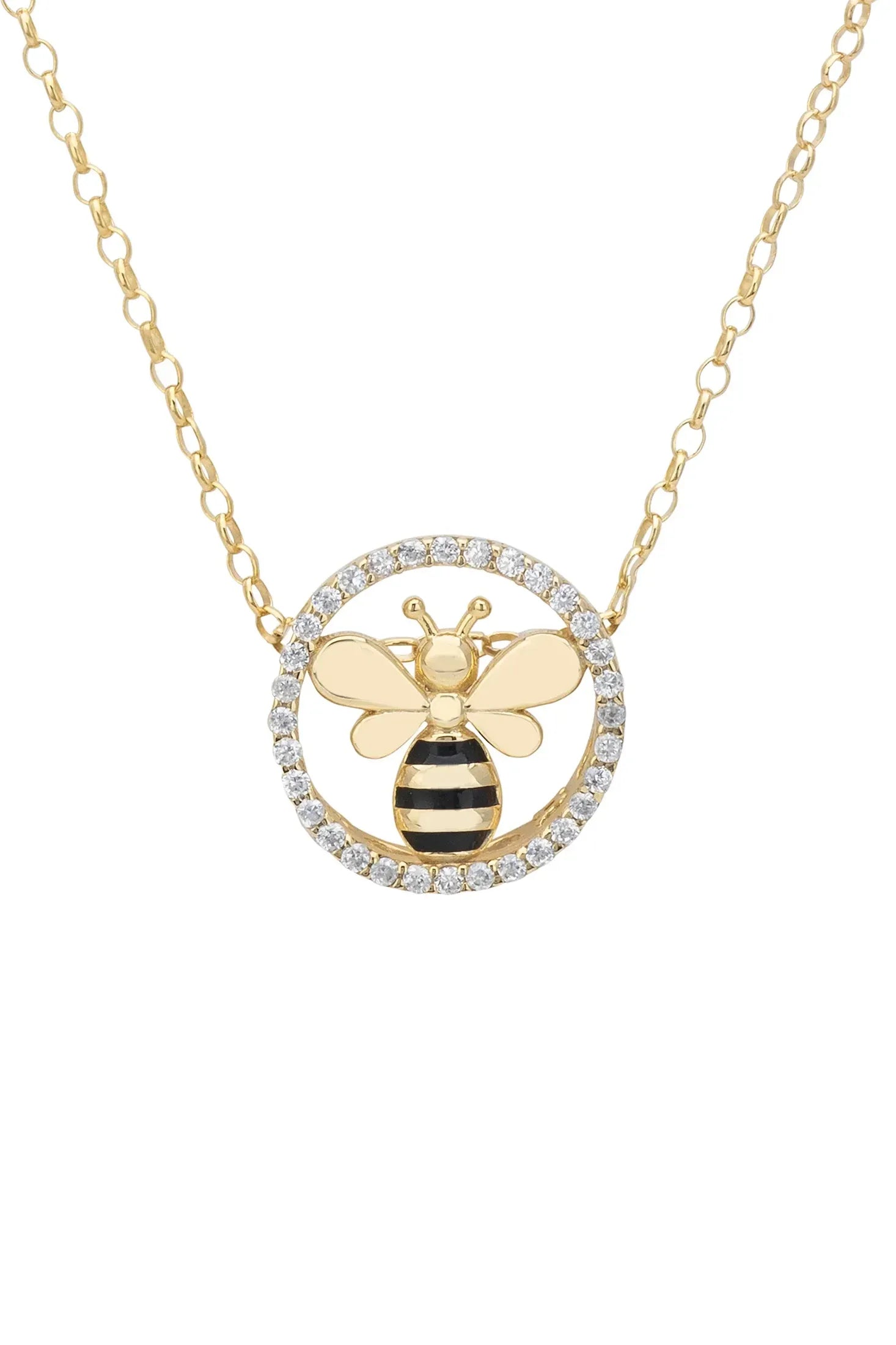 Close-up of the gold bumble bee pendant.