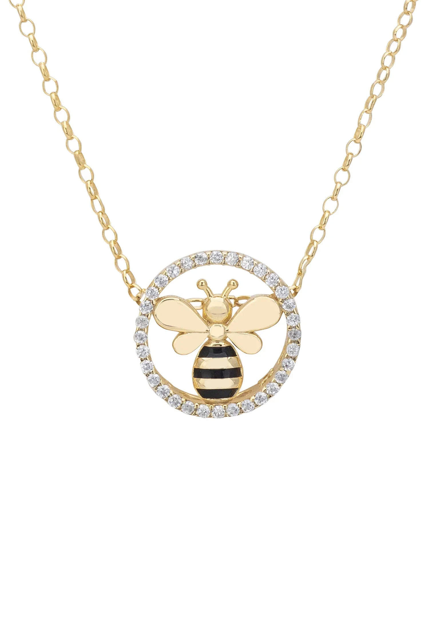 Close-up of the gold bumble bee pendant.