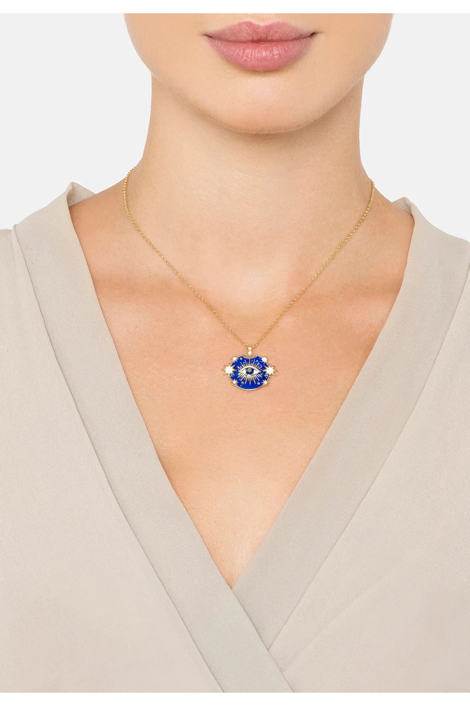 The necklace worn by a model.