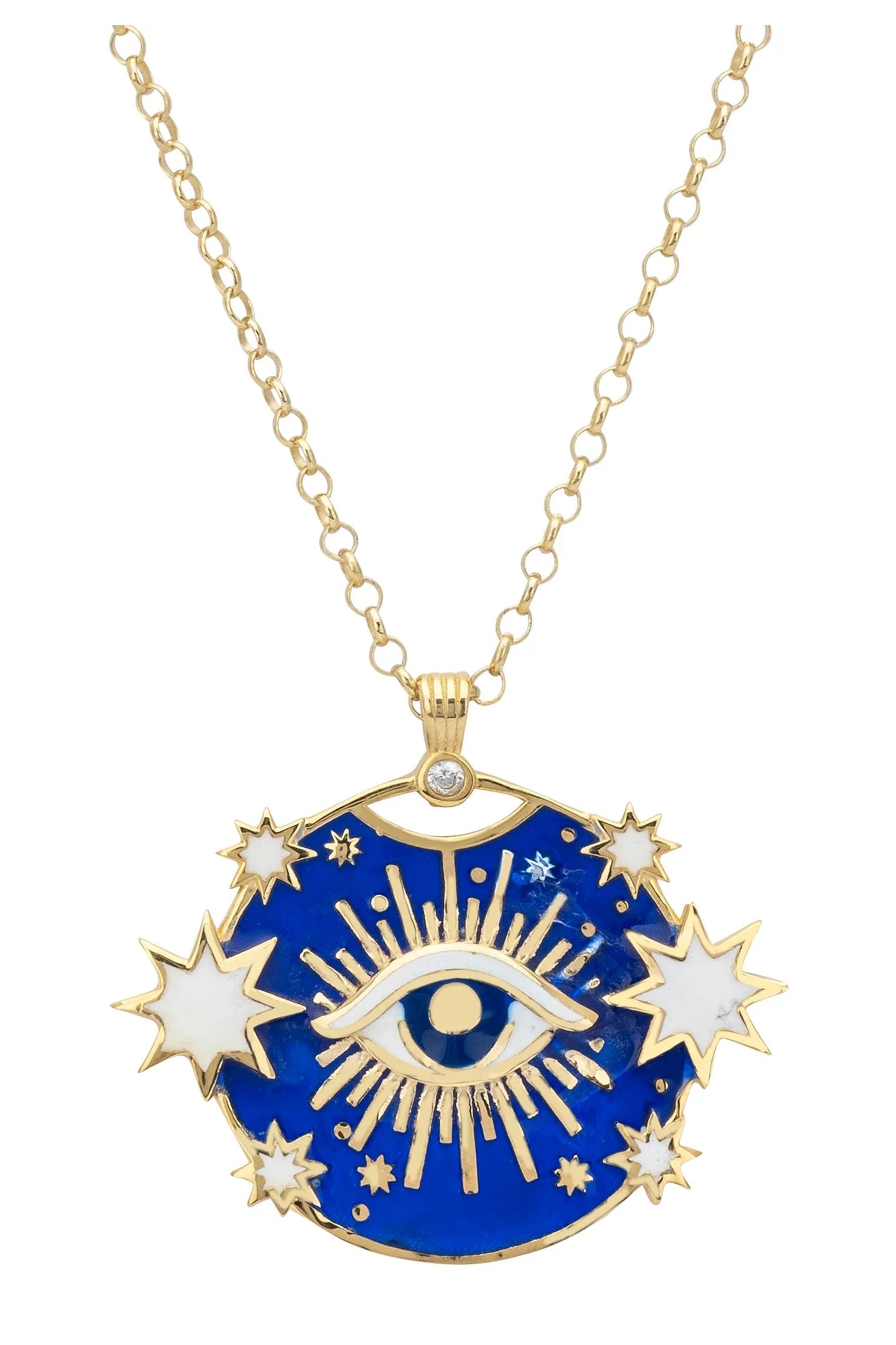 Close-up of the celestial all seeing eye gold pendant.