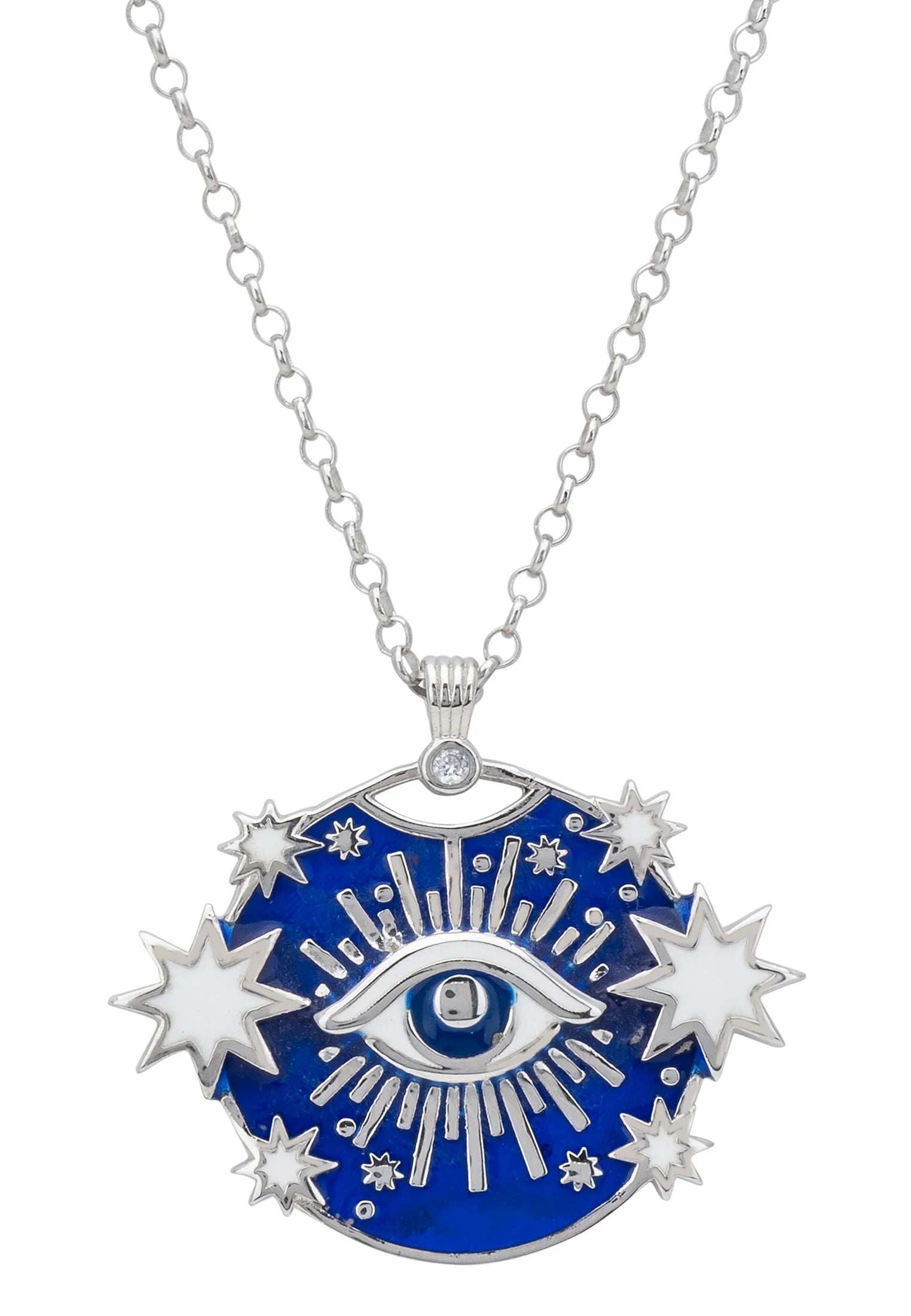 Close-up of the celestial all seeing eye silver pendant.