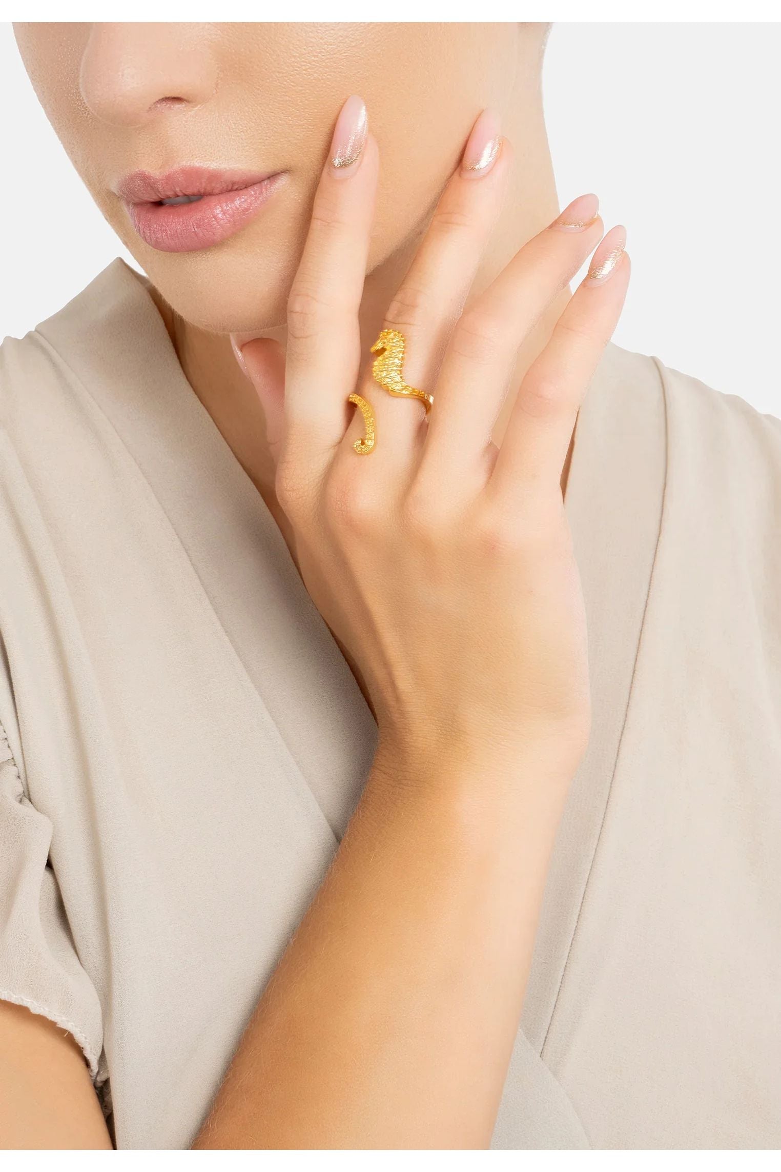 The ring worn by a model.