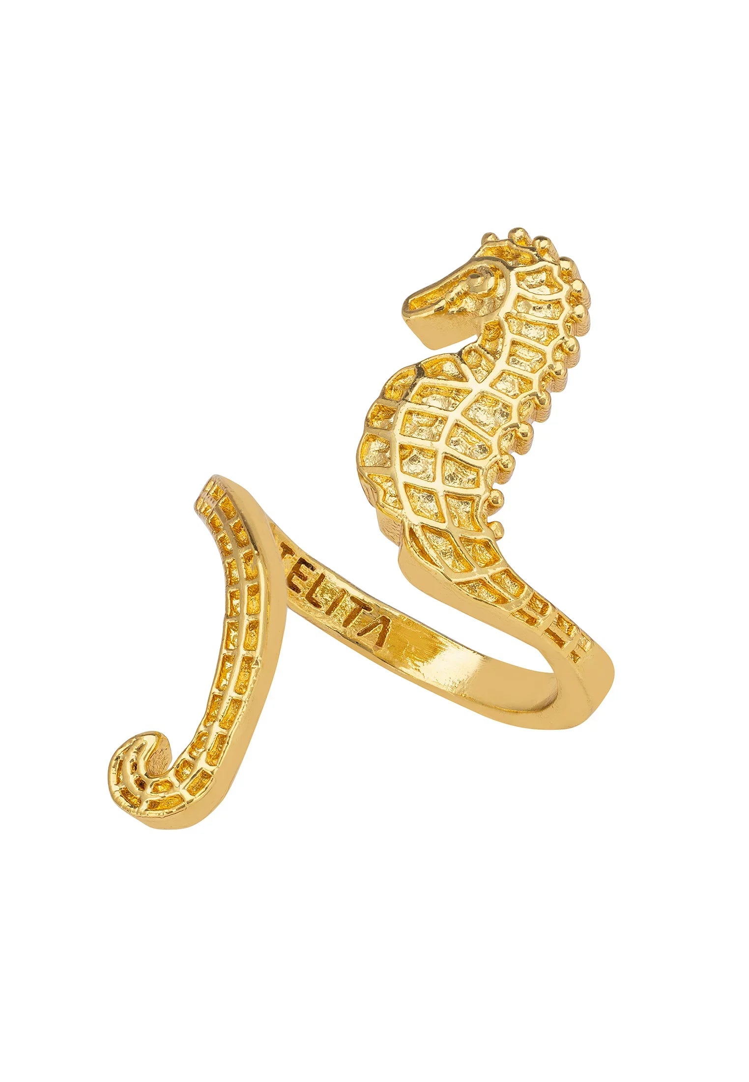 Adjustable gold seahorse ring.