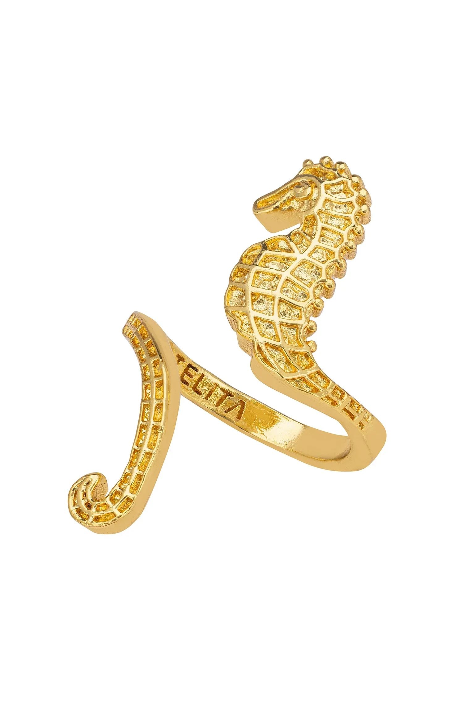 Adjustable gold seahorse ring.