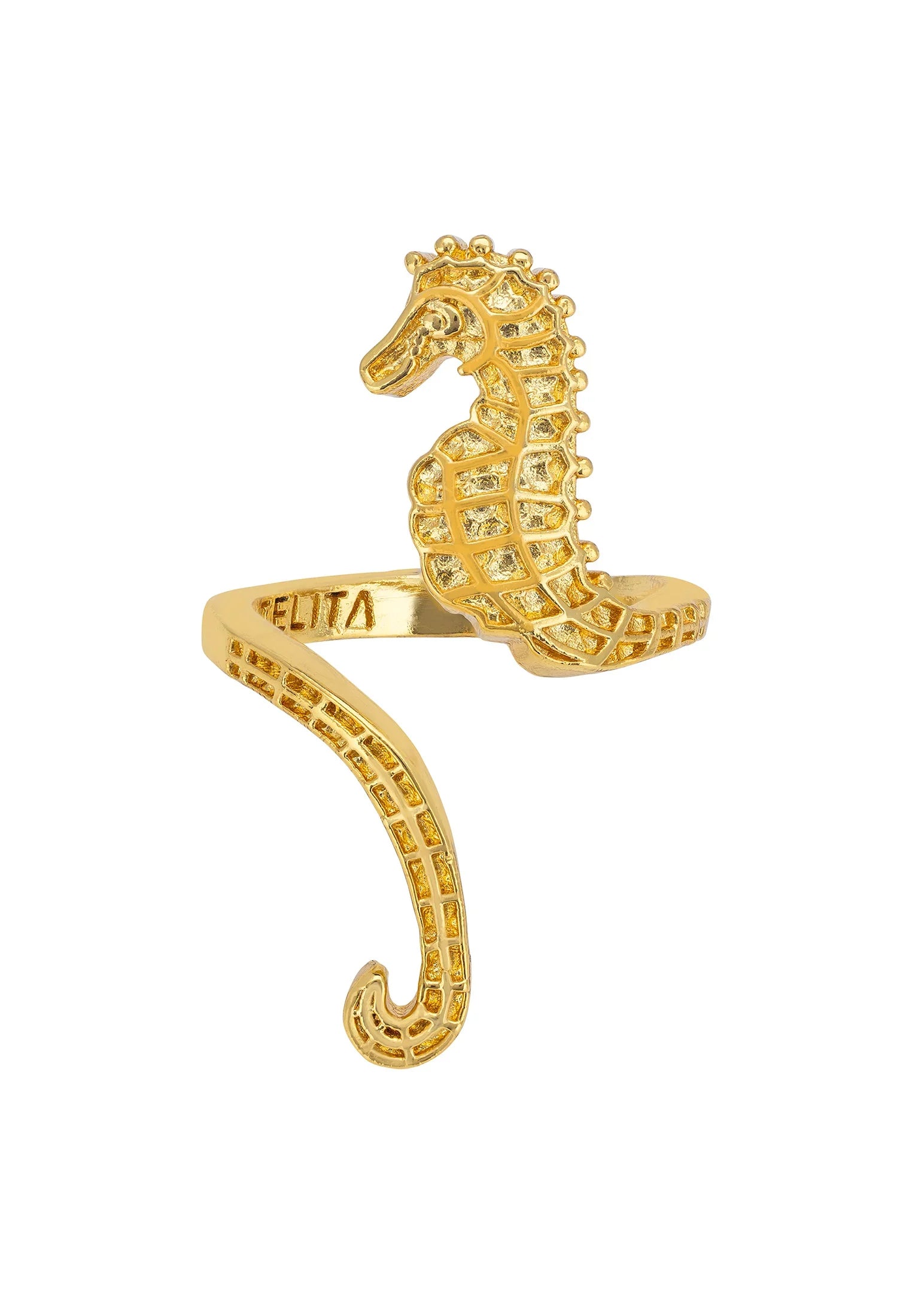 Adjustable gold seahorse ring.