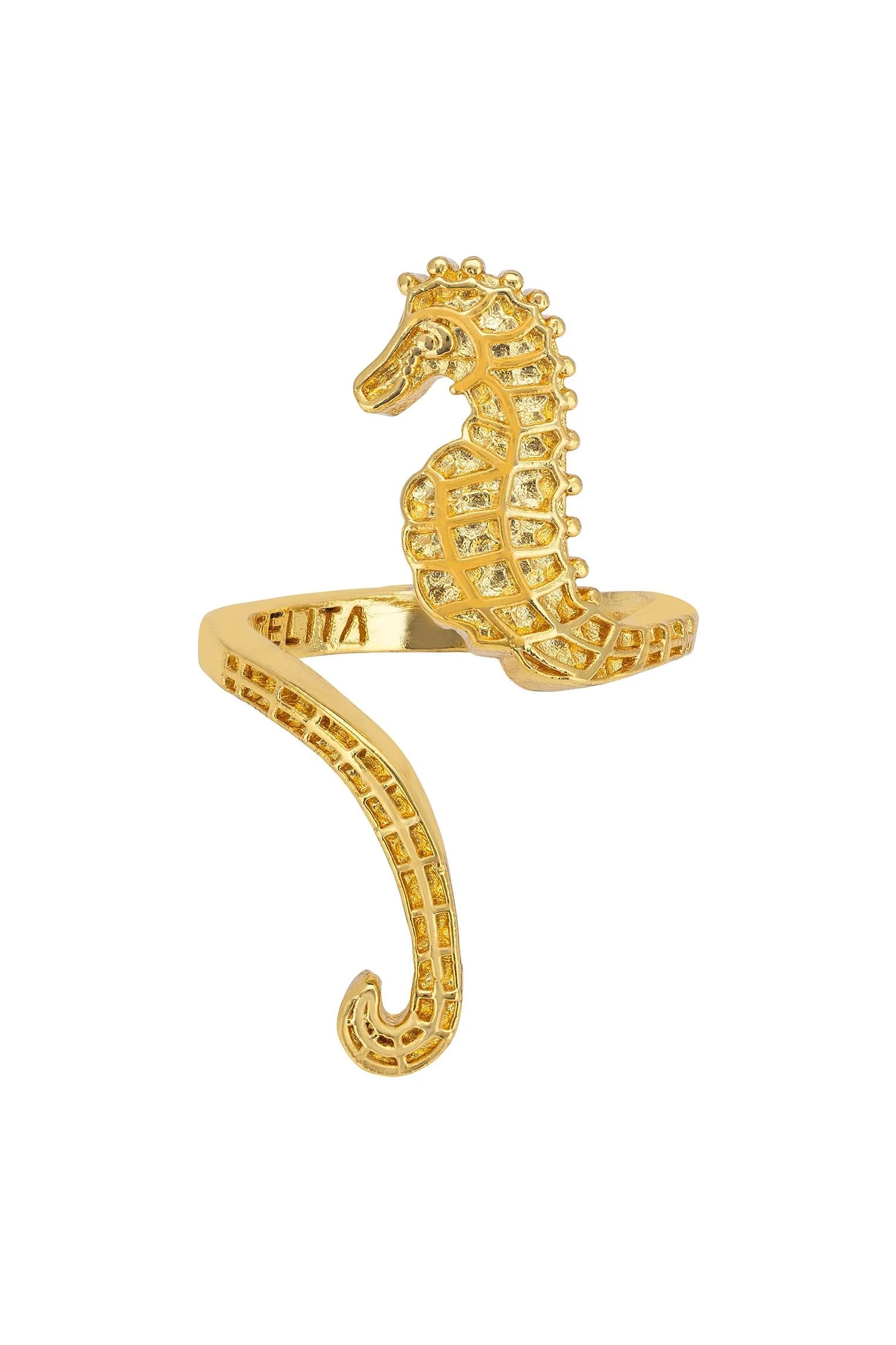 Adjustable gold seahorse ring.