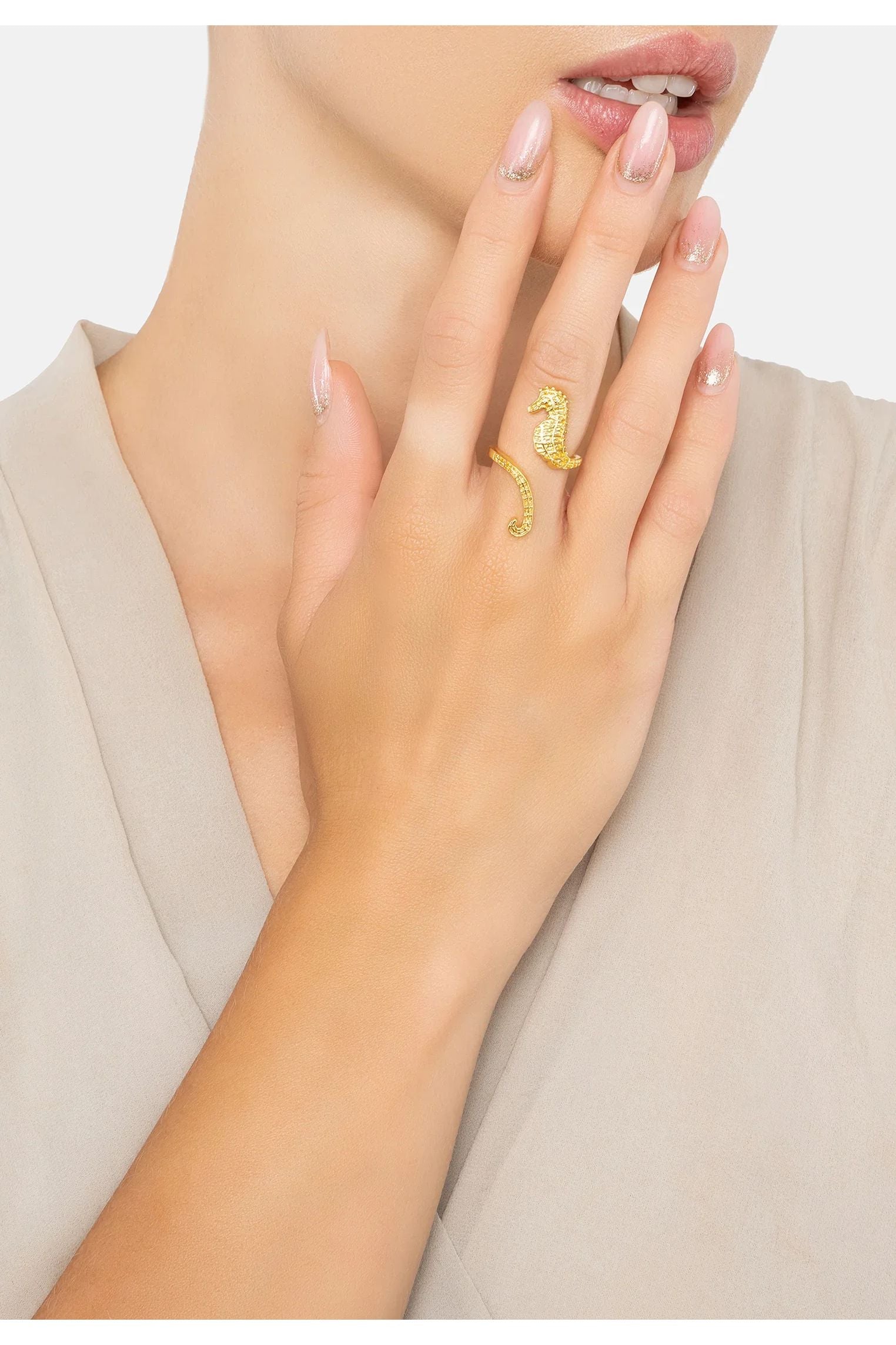 The ring worn by a model.
