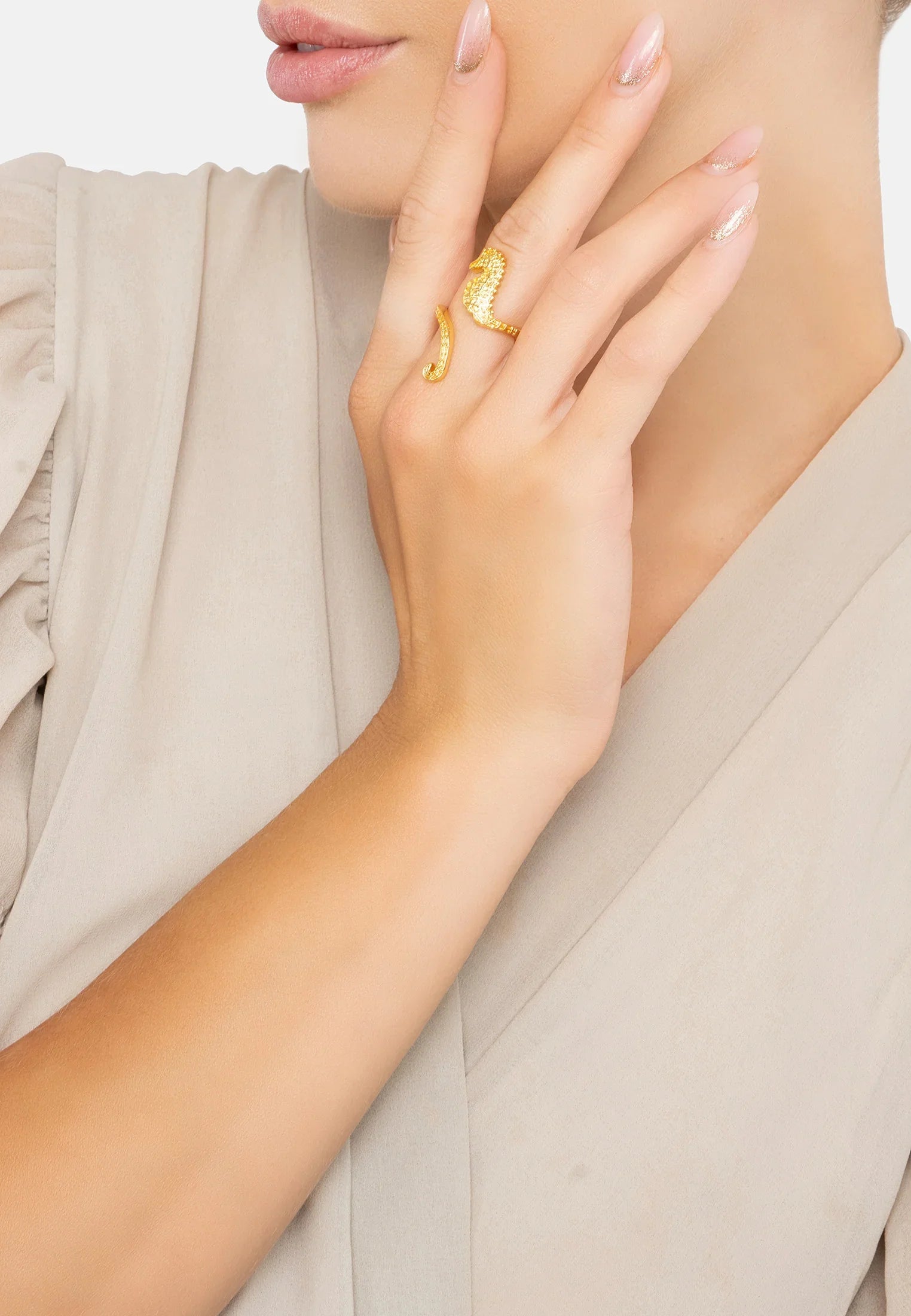 The ring worn by a model.