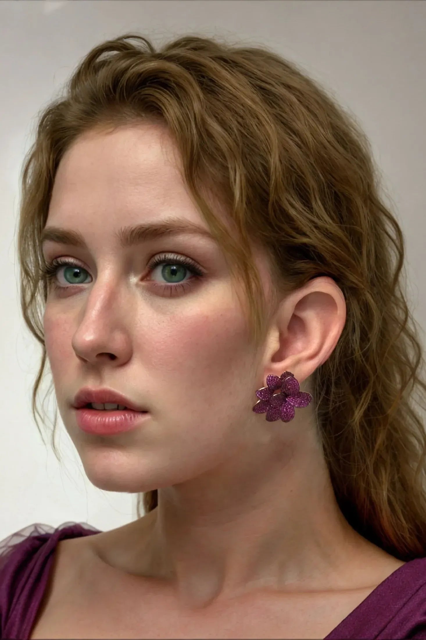 The earring worn by a model.