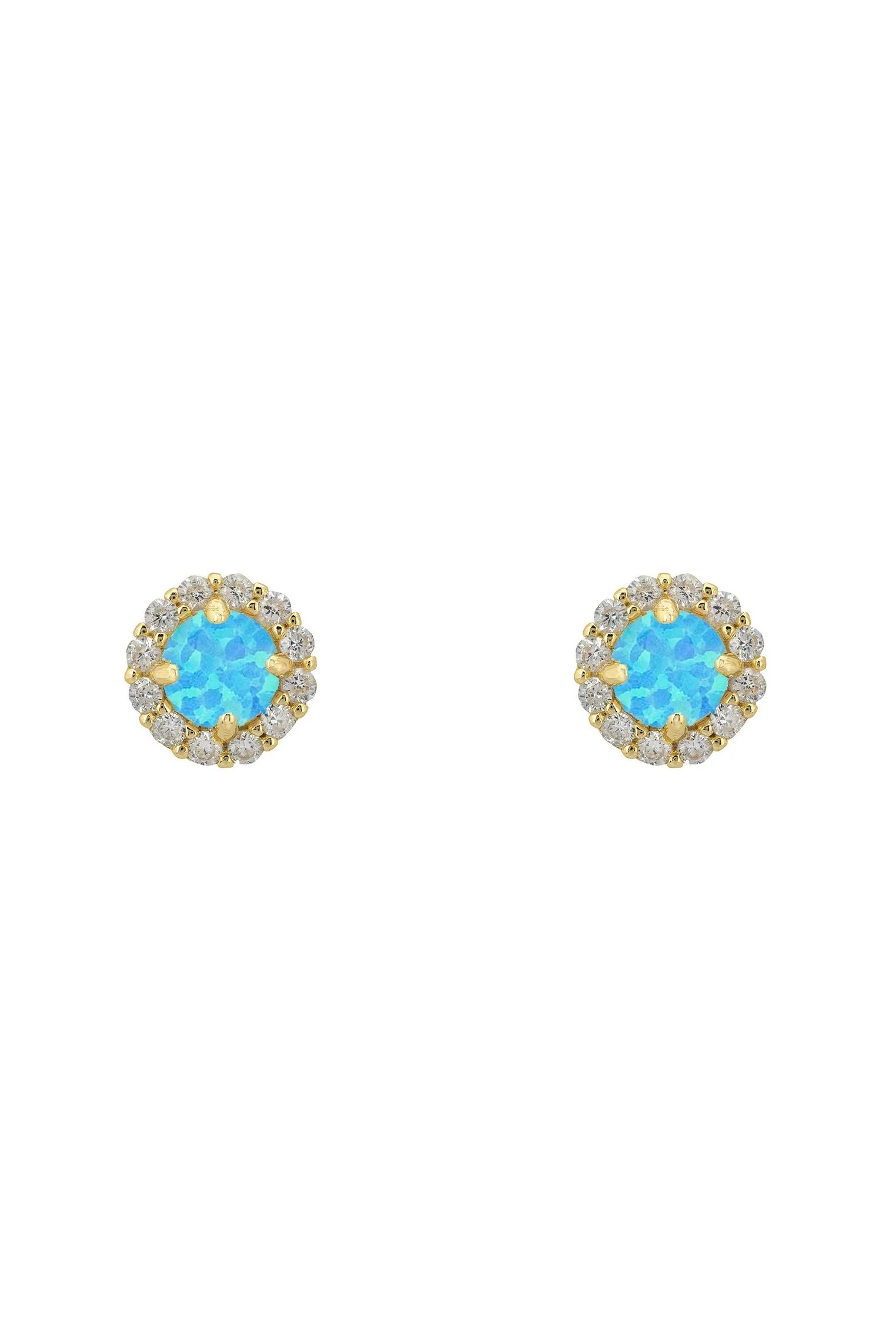 Diamond halo blue opal gold stud earrings.