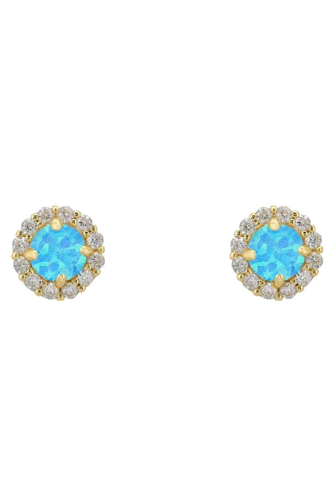 Diamond halo blue opal gold stud earrings.